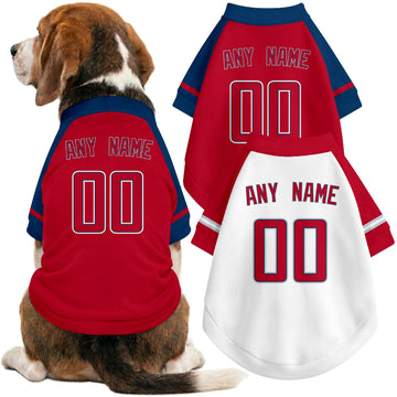 Dog wearing custom baseball-style jersey in Red and White colors with personalized name and number