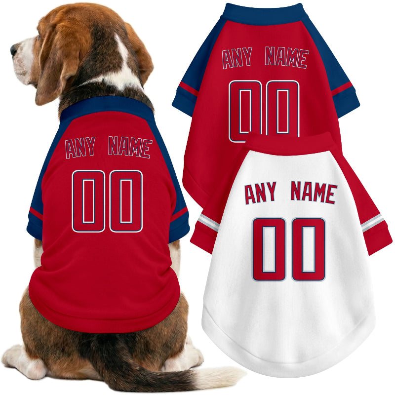Dog wearing custom baseball-style jersey in Red and White colors with personalized name and number