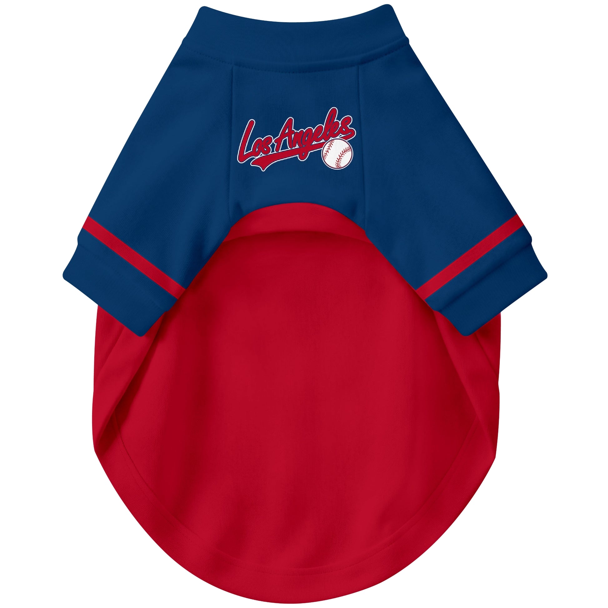 Front view of custom baseball-style dog jersey in Red and White colors