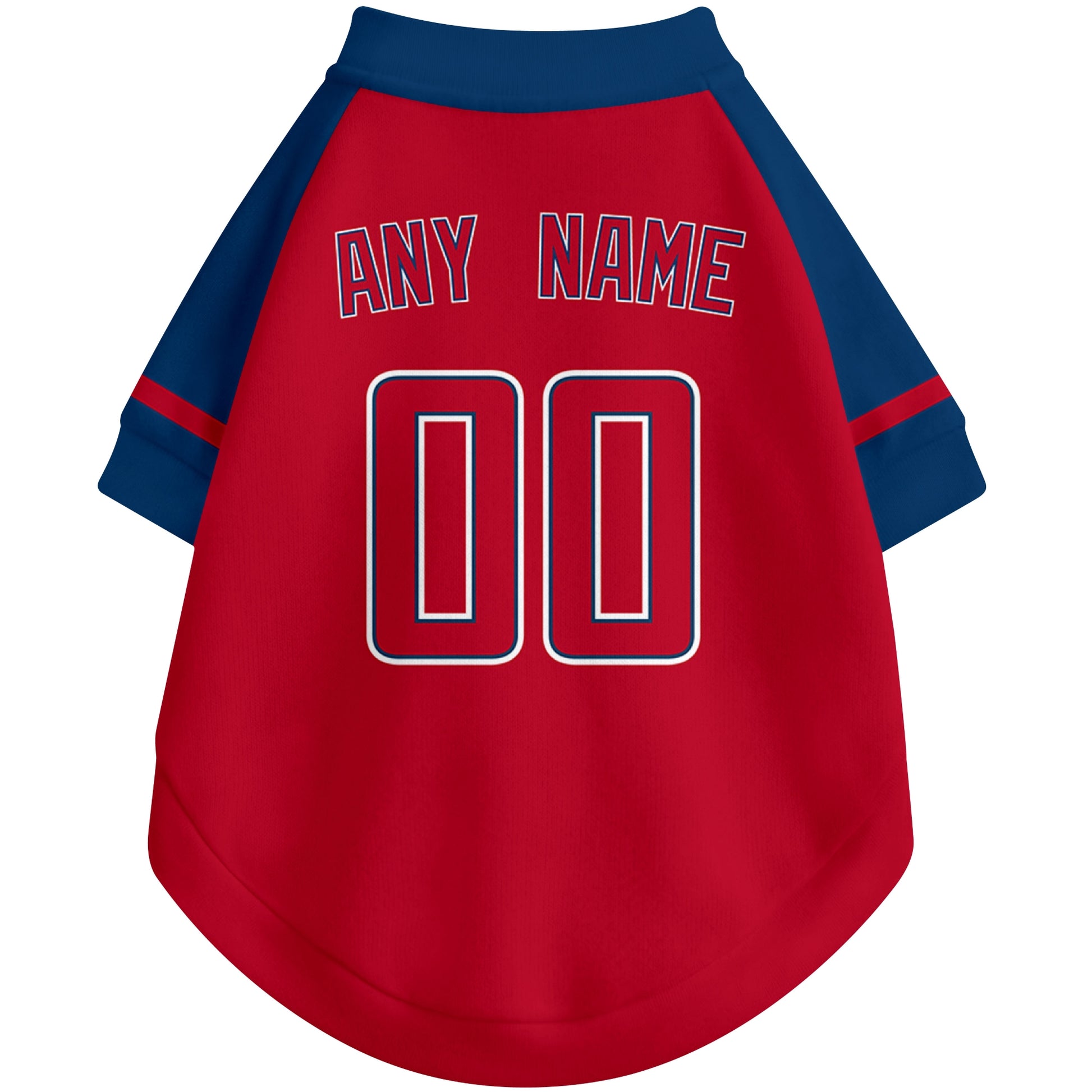Back view of custom baseball-style dog jersey in Red and White colors with personalized name and number