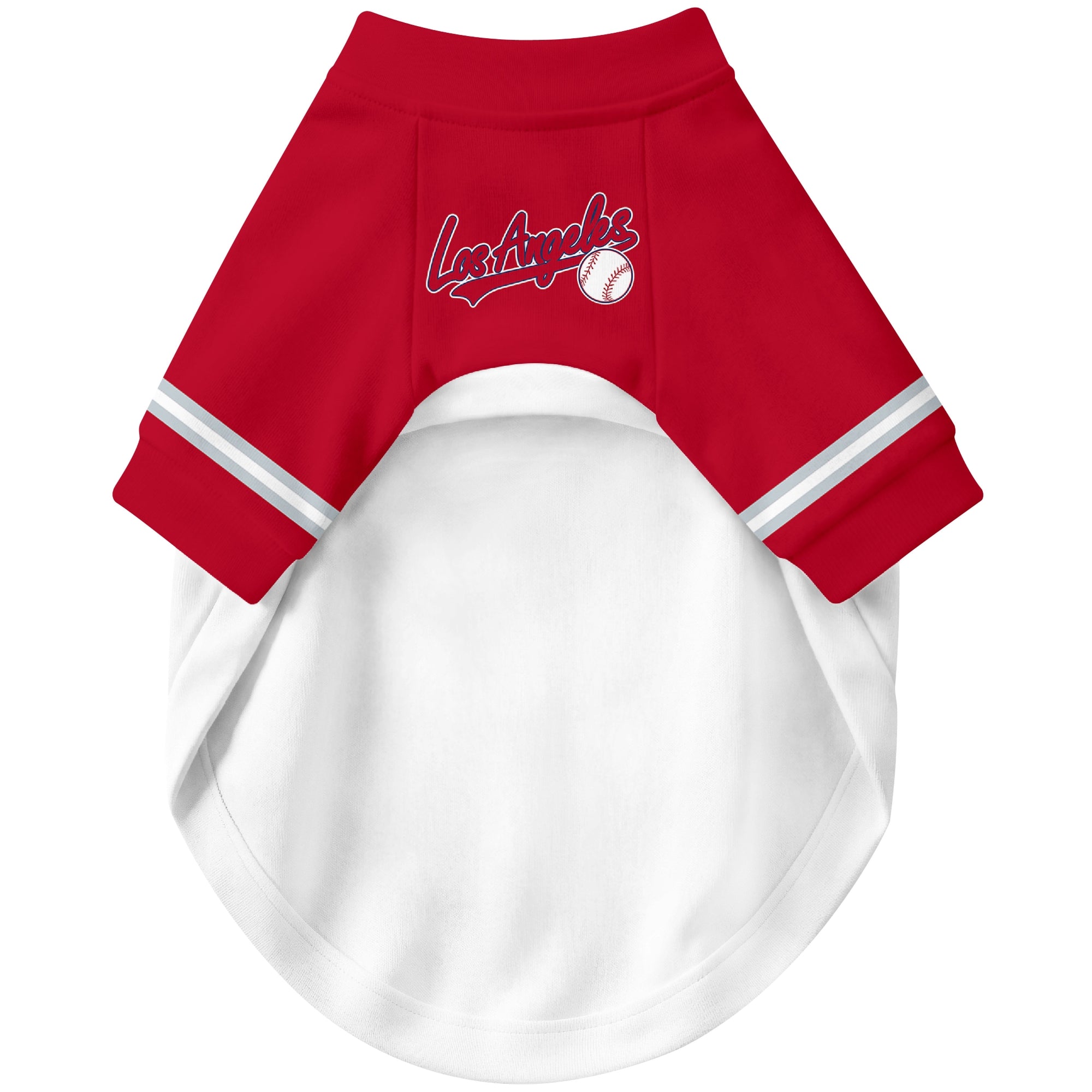 Front view of custom baseball-style dog jersey in White and Red colors
