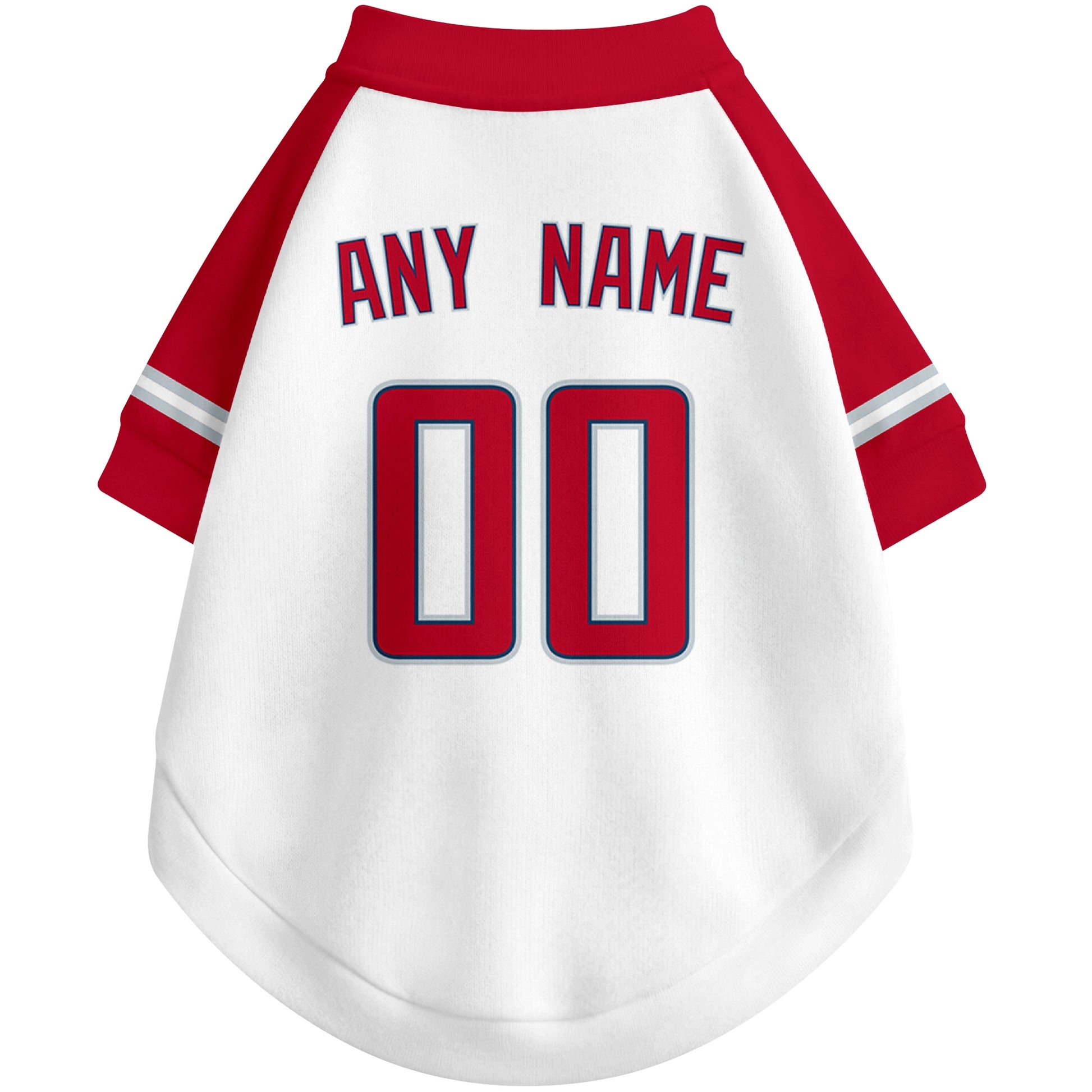 Back view of custom baseball-style dog jersey in White and Red colors with personalized name and number