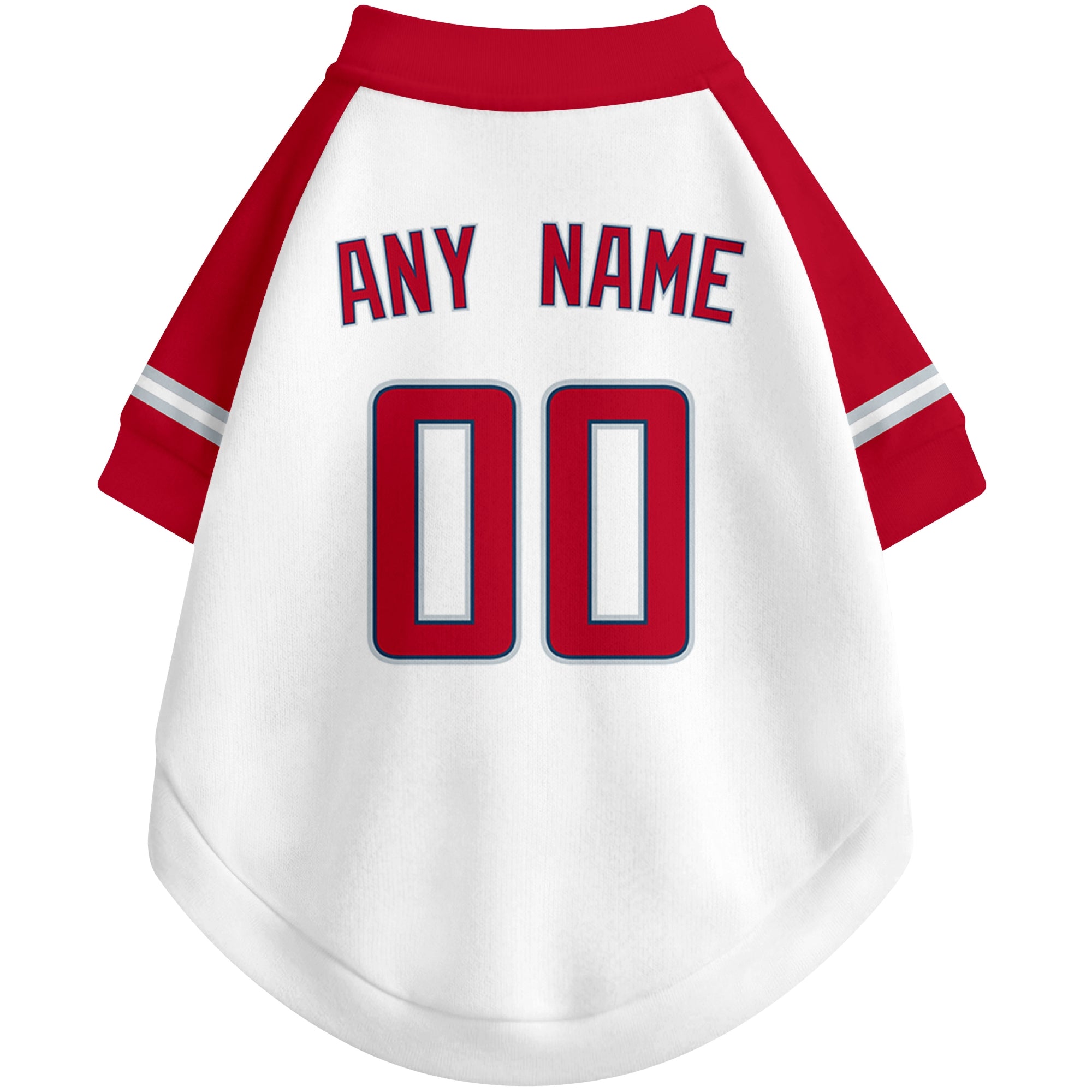 Back view of custom baseball-style dog jersey in White and Red colors with personalized name and number