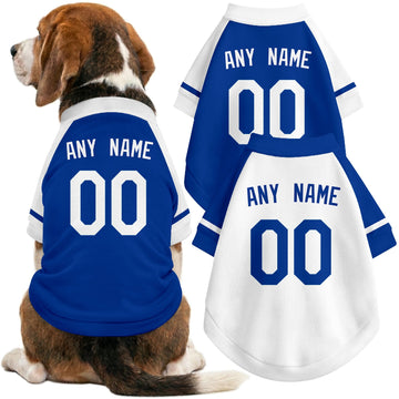Dog wearing custom baseball-style jersey in Royal and White colors with personalized name and number
