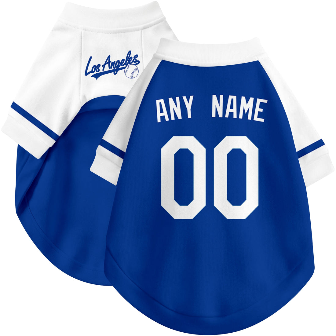 Dog wearing custom baseball-style jersey in Royal and White colors with personalized name and number