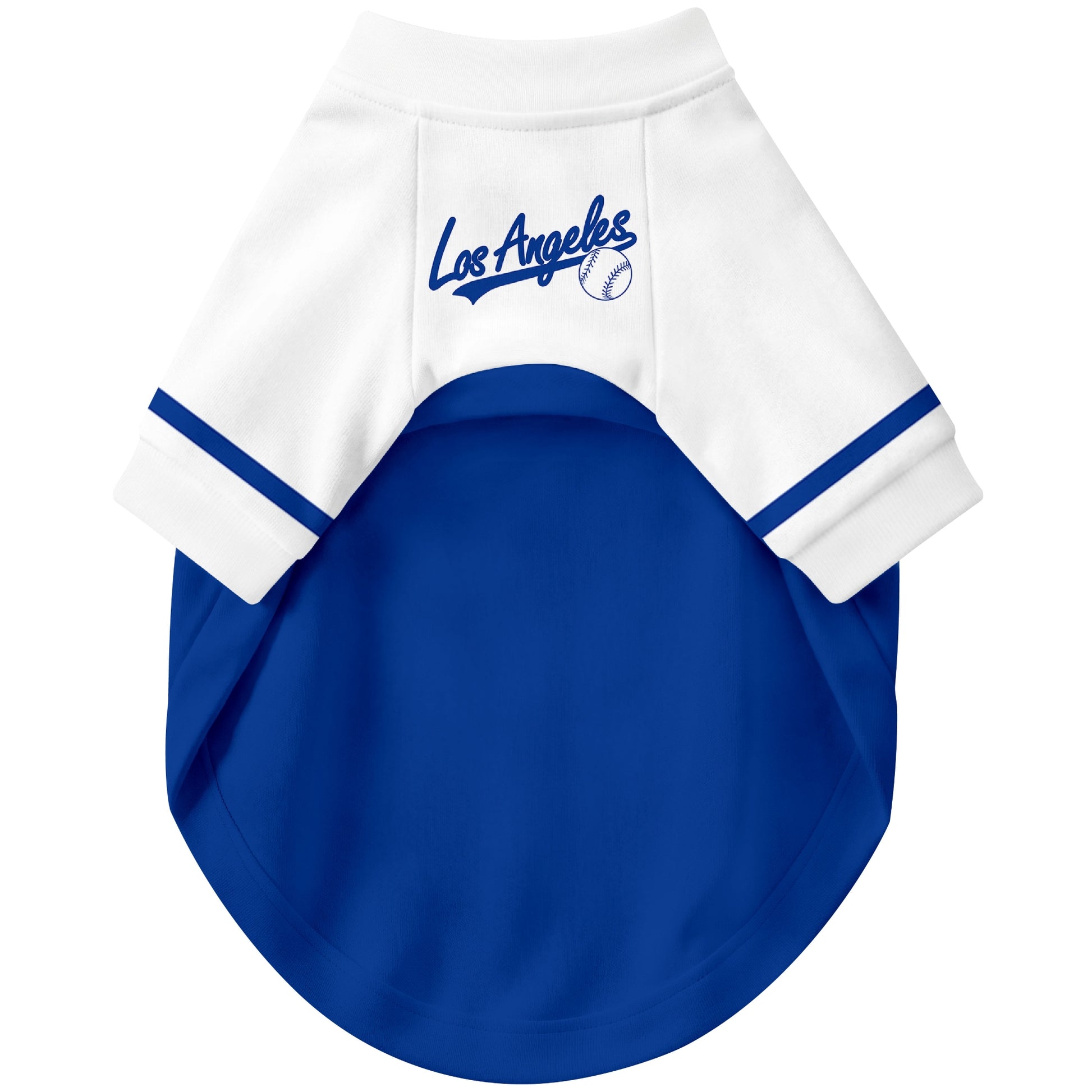 Front view of custom baseball-style dog jersey in Royal and White colors