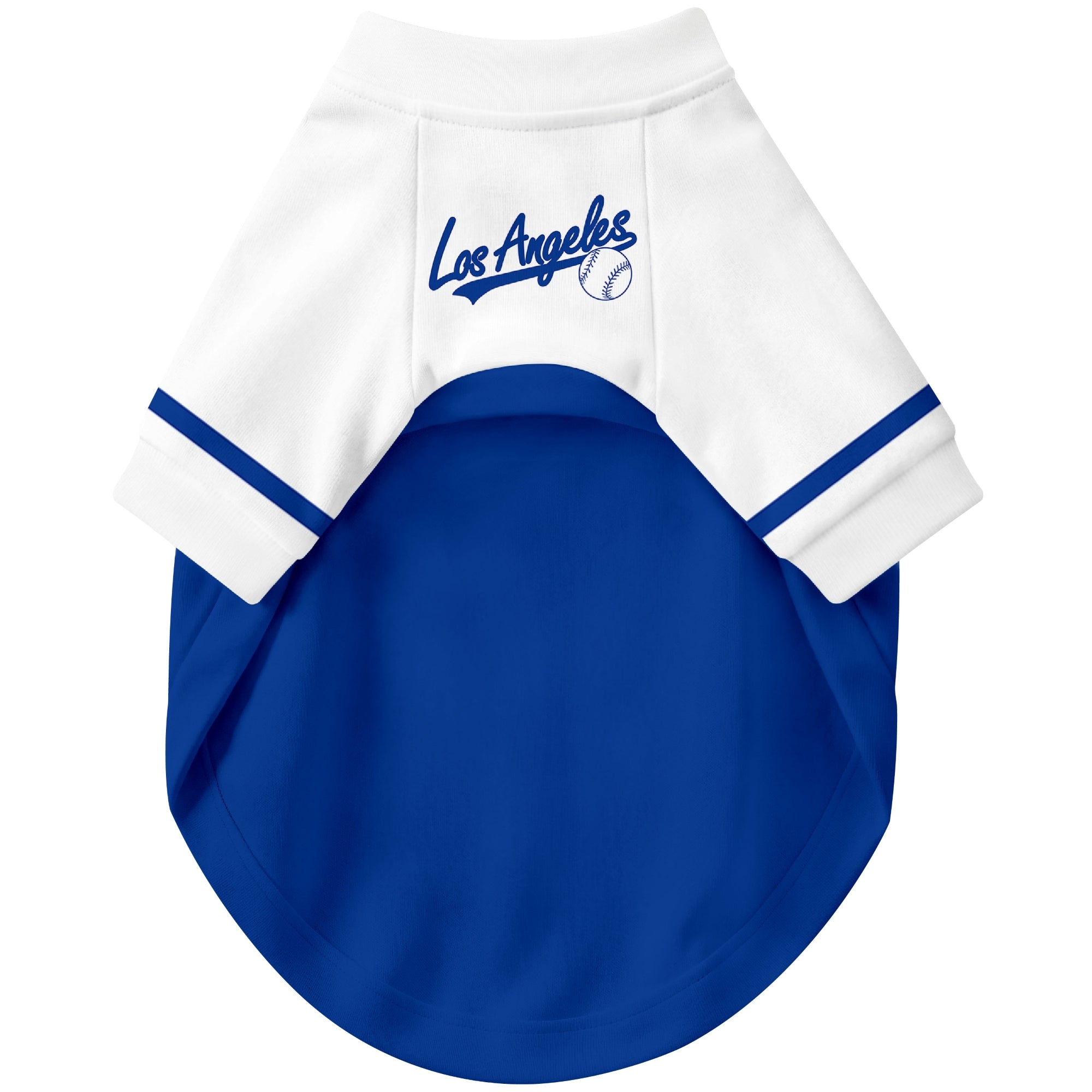 Front view of custom baseball-style dog jersey in Royal and White colors