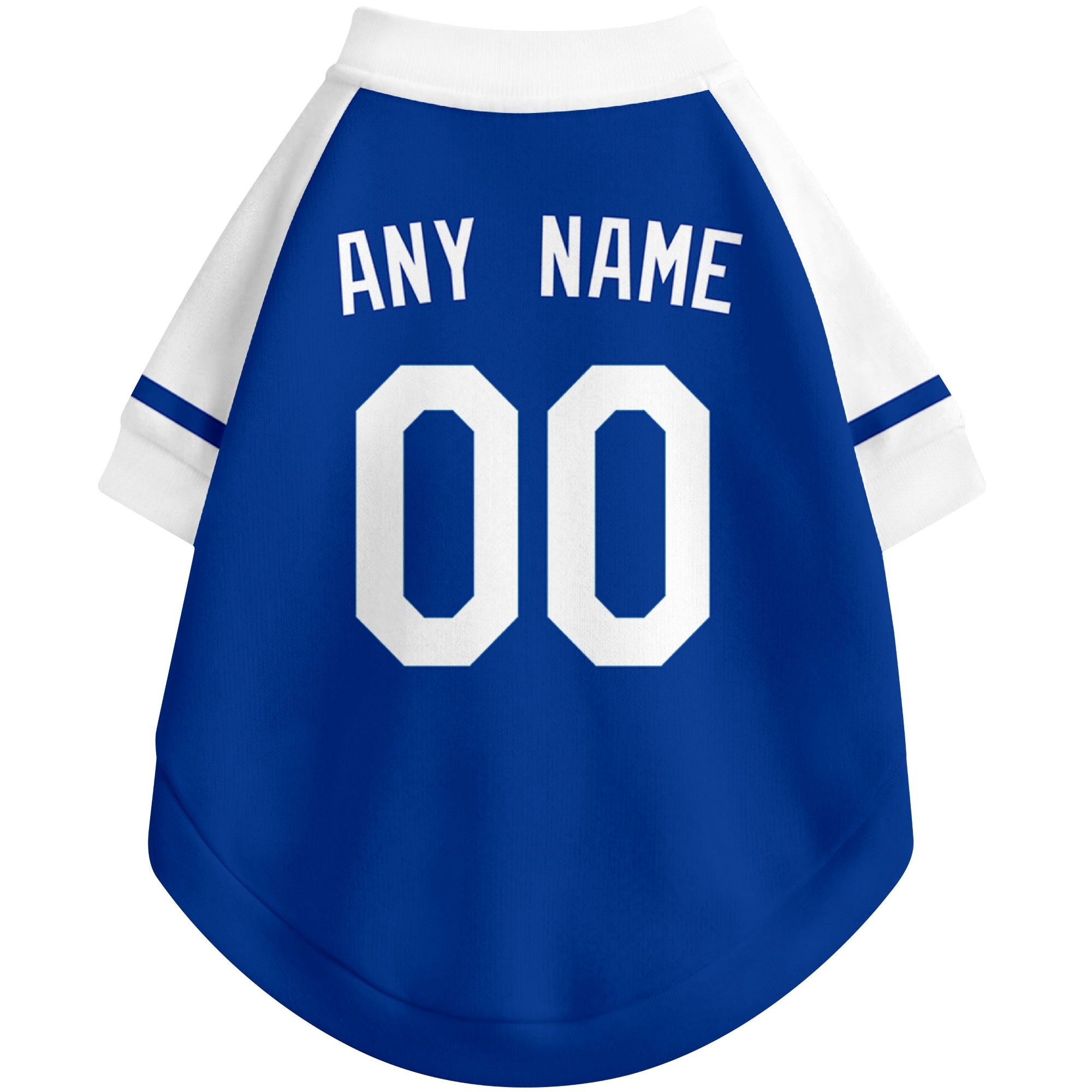 Back view of custom baseball-style dog jersey in Royal and White colors with personalized name and number