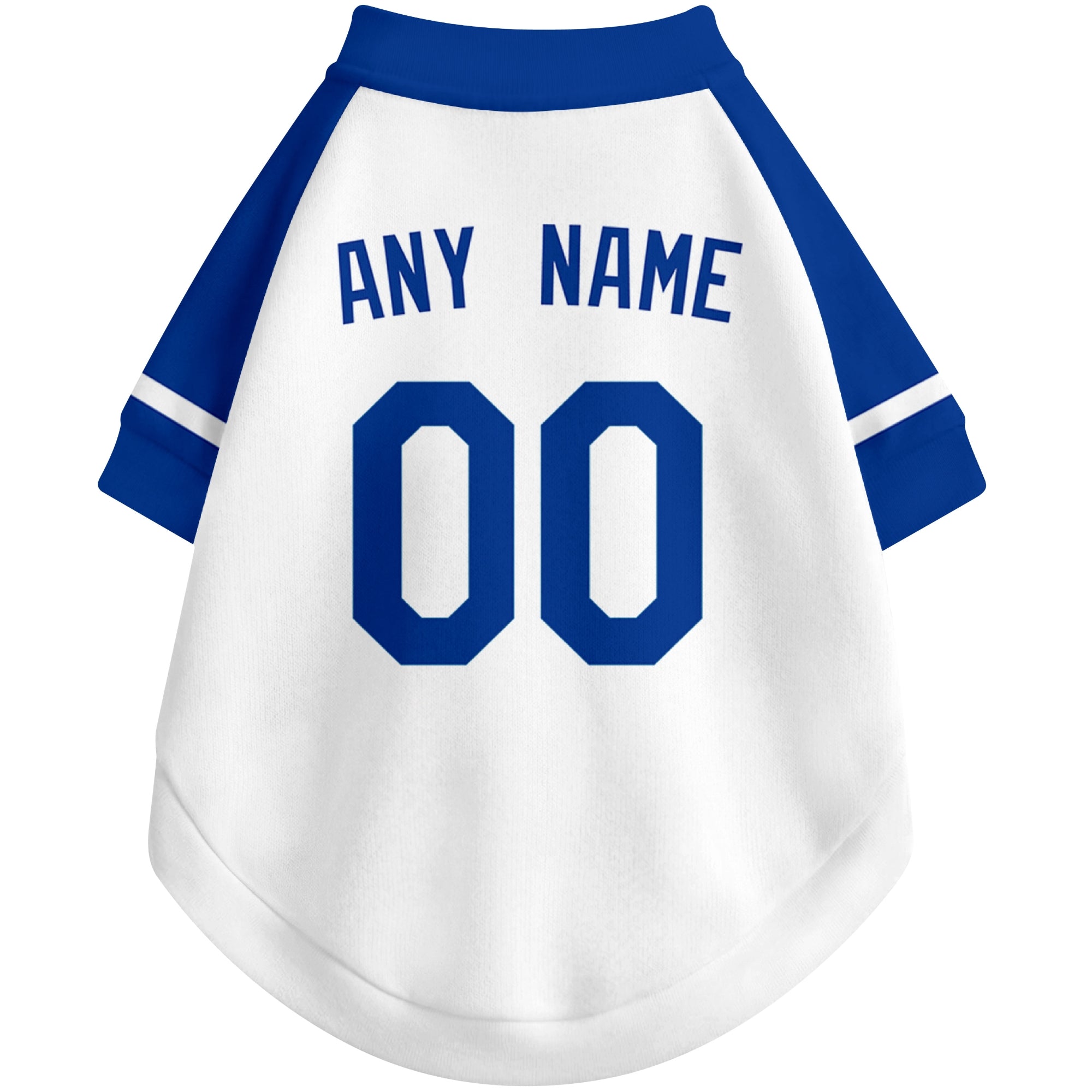 Back view of custom baseball-style dog jersey in White and Royal colors with personalized name and number