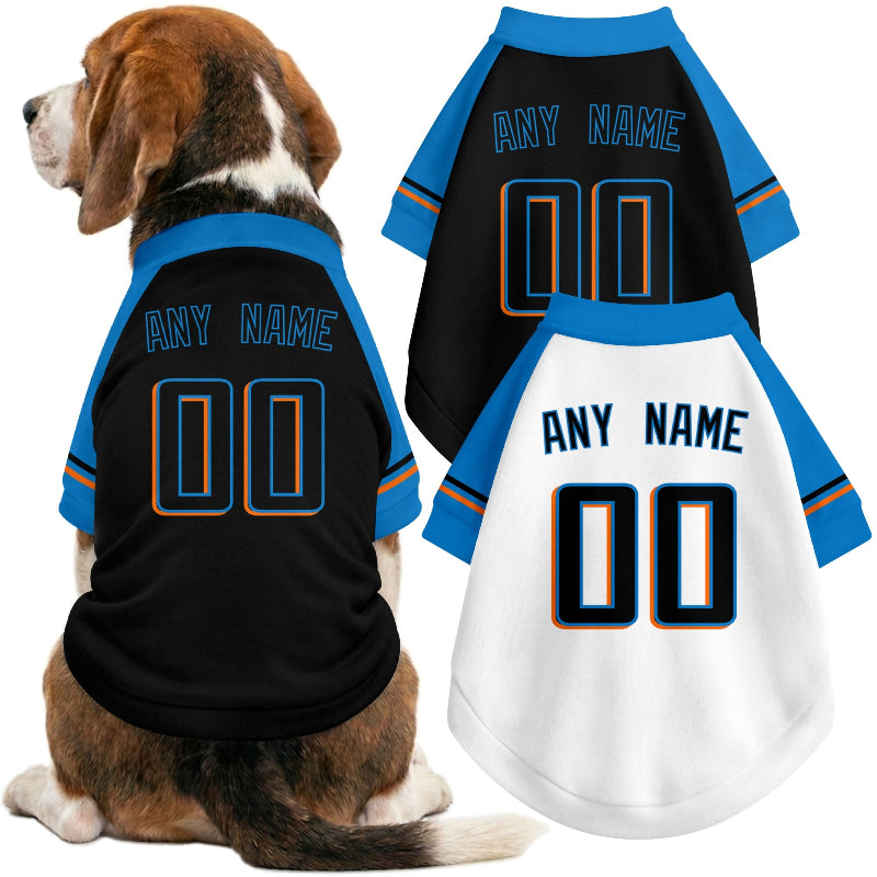 Dog wearing custom baseball-style jersey in Black and White colors with personalized name and number