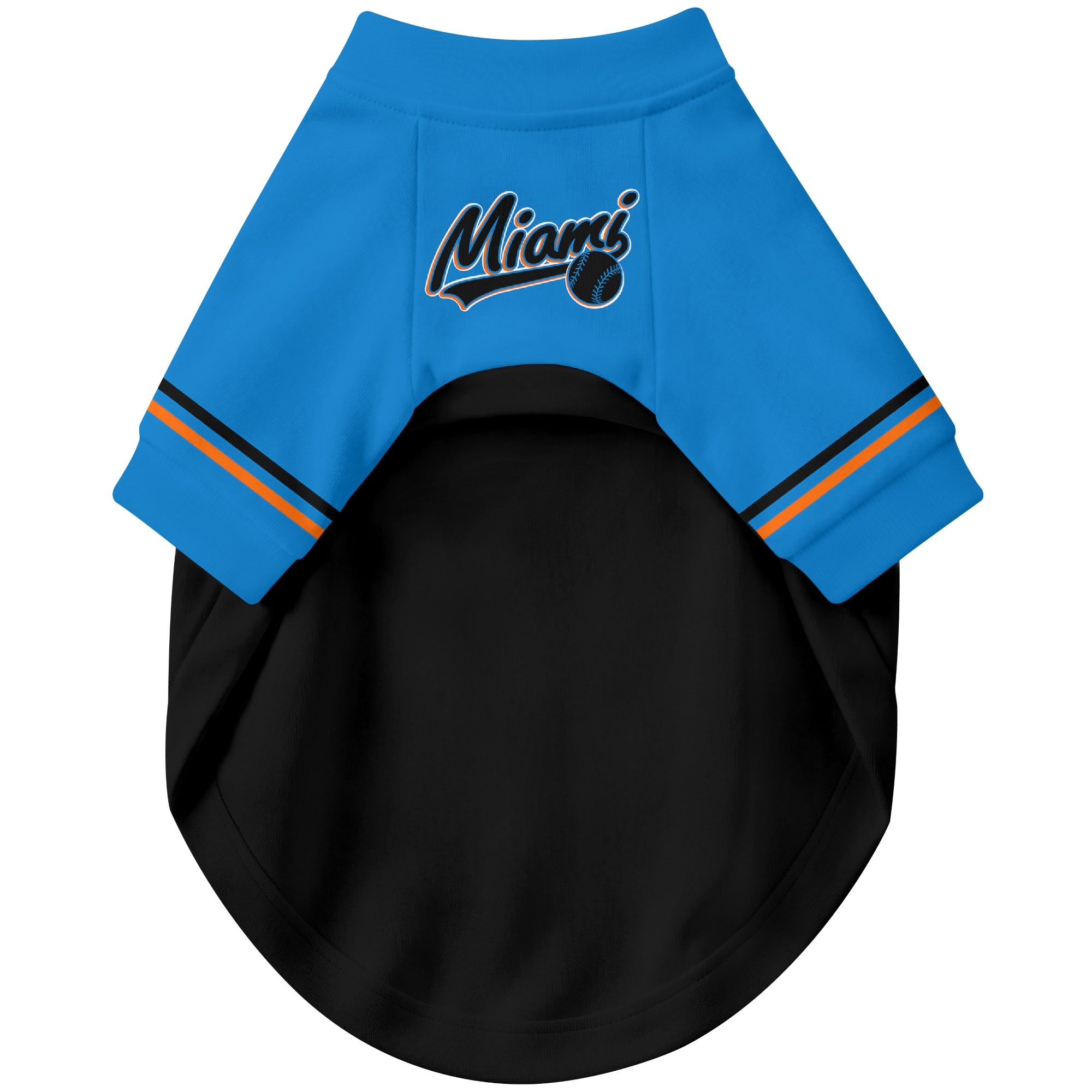 Front view of custom baseball-style dog jersey in Black and White colors