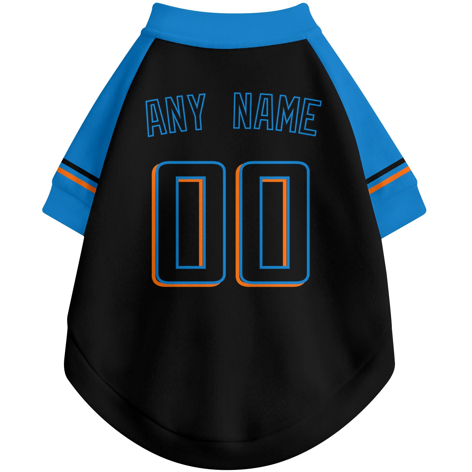 Back view of custom baseball-style dog jersey in Black and White colors with personalized name and number