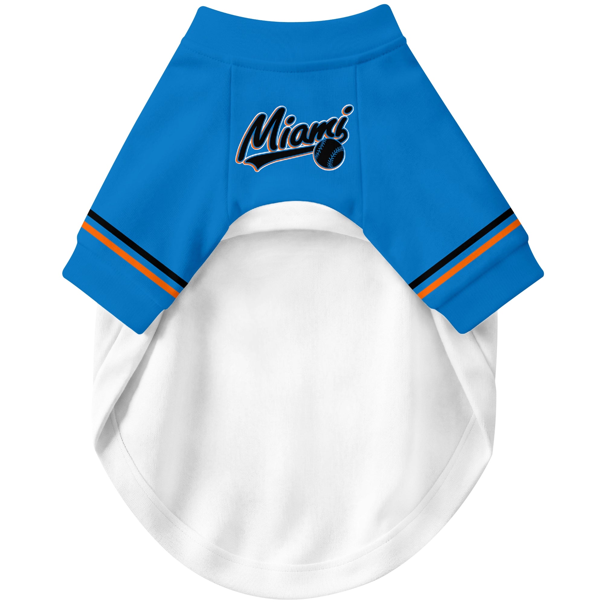 Front view of custom baseball-style dog jersey in White and Black colors