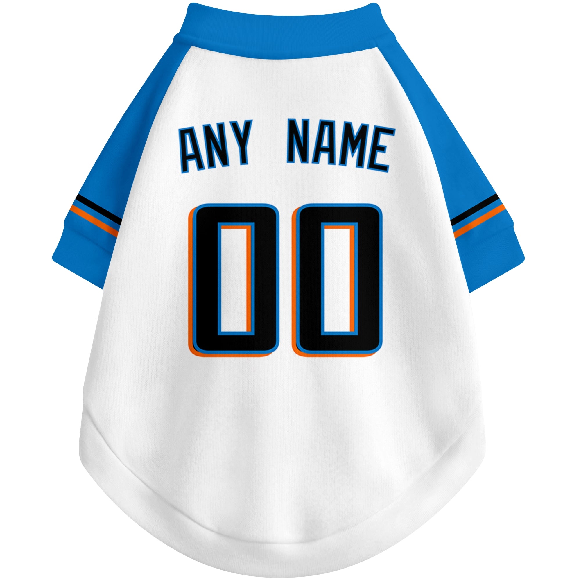 Back view of custom baseball-style dog jersey in White and Black colors with personalized name and number