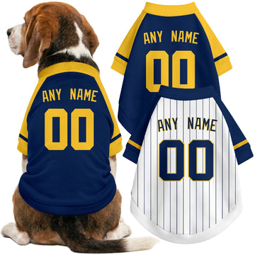 Dog wearing custom baseball-style jersey in Navy and White colors with personalized name and number