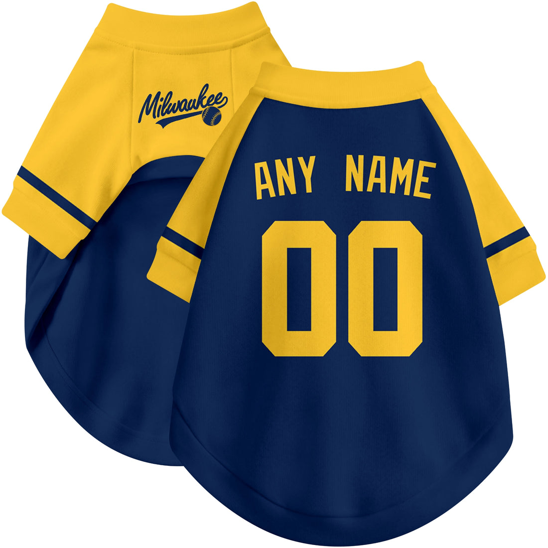 Dog wearing custom baseball-style jersey in Navy and White colors with personalized name and number