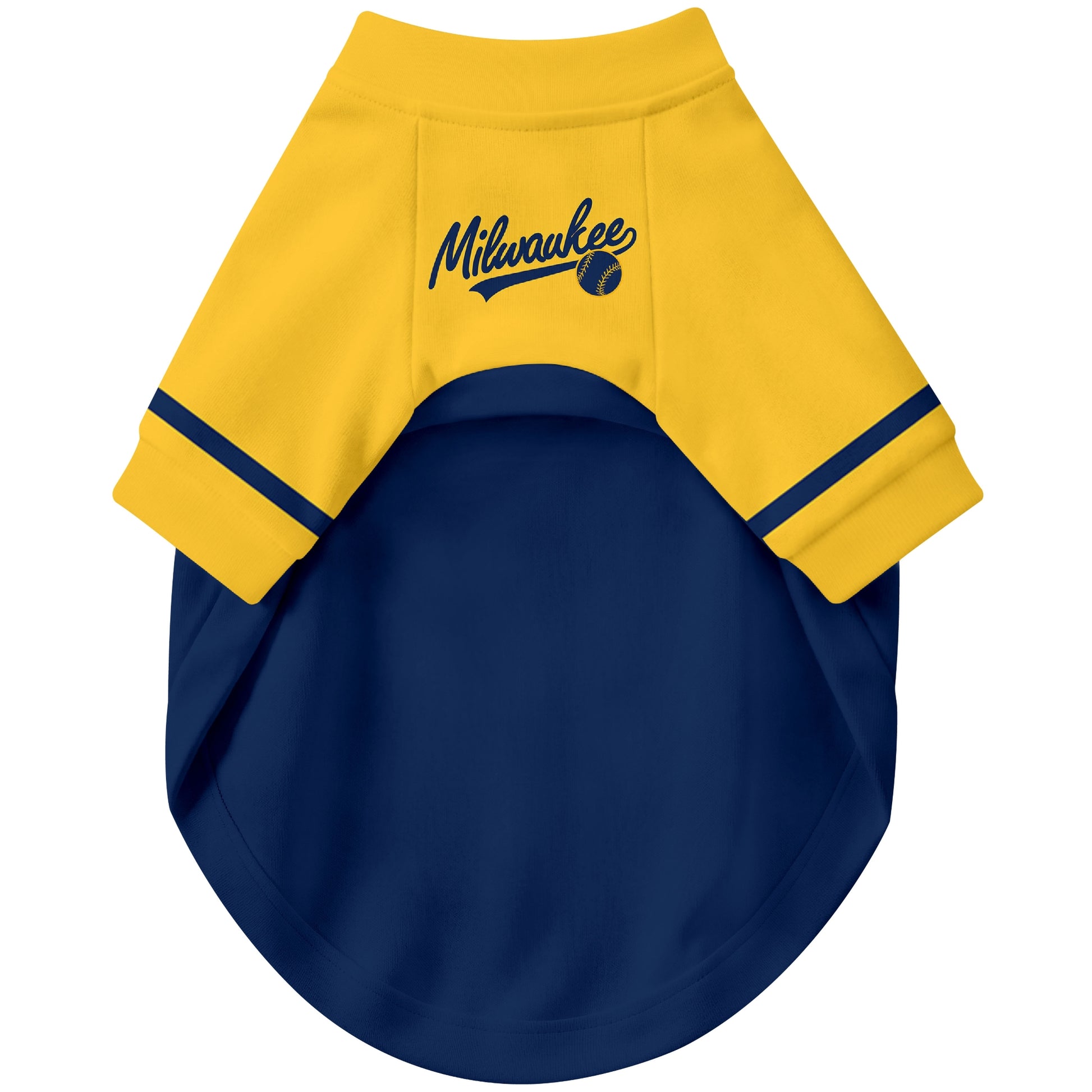 Front view of custom baseball-style dog jersey in Navy and White colors