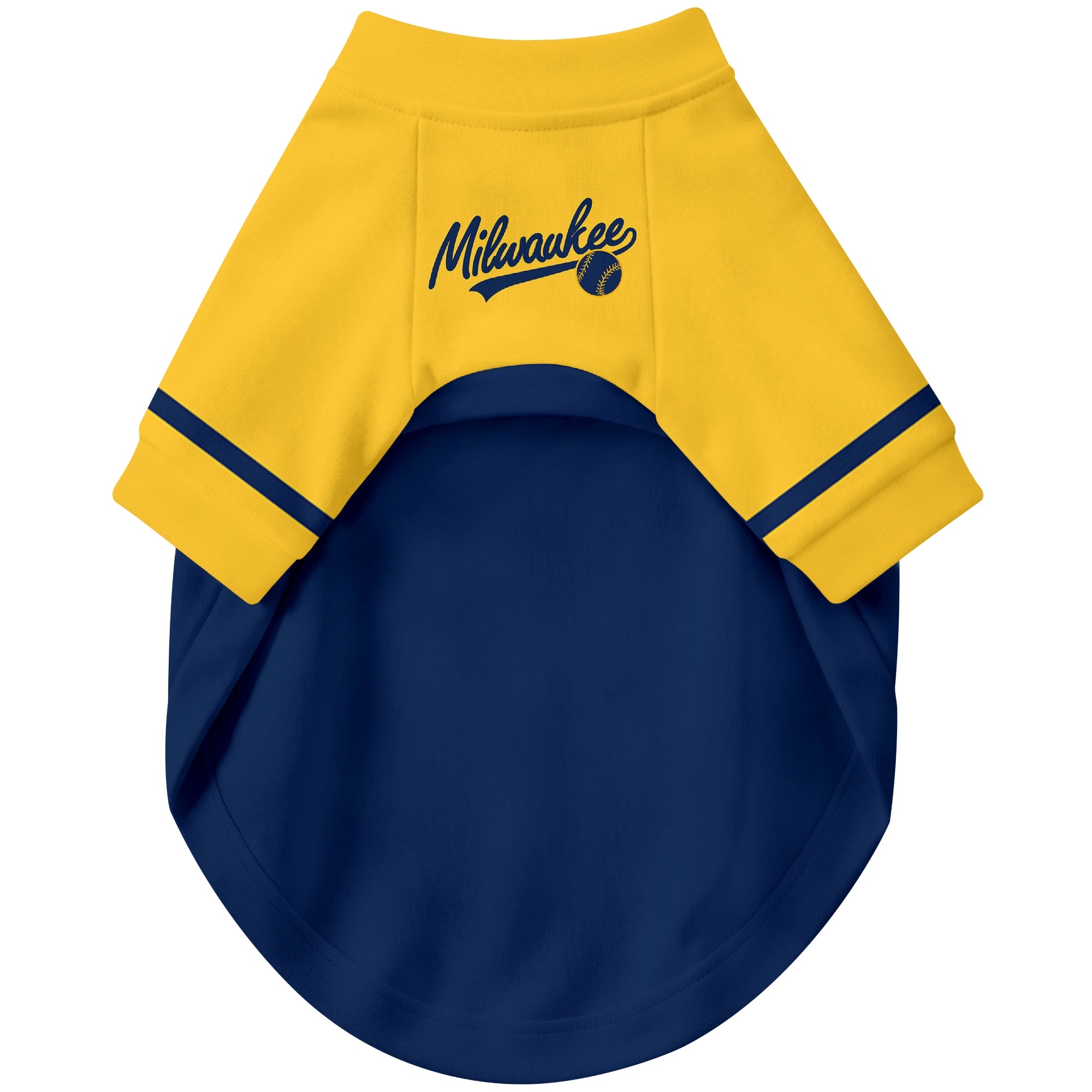 Front view of custom baseball-style dog jersey in Navy and White colors