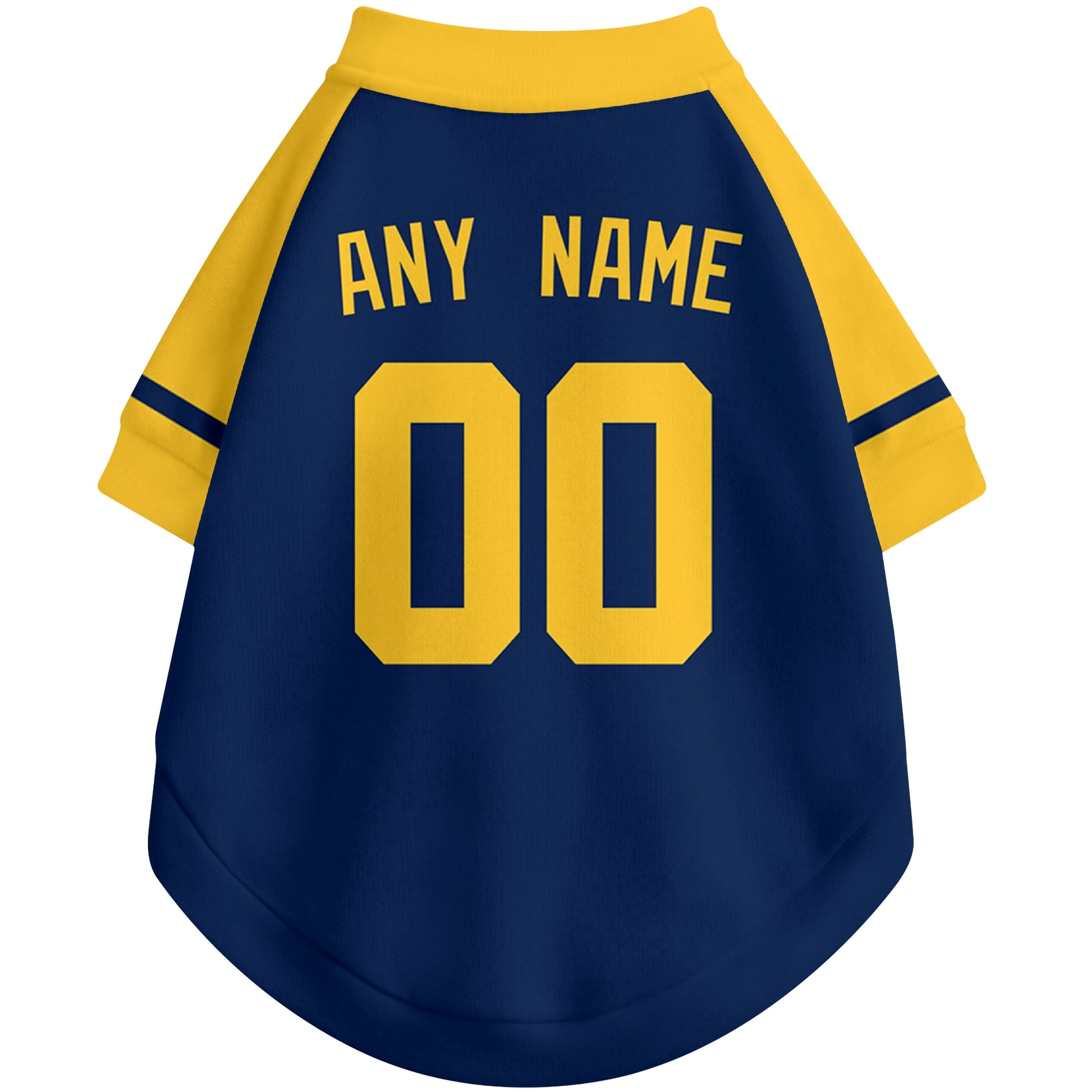 Back view of custom baseball-style dog jersey in Navy and White colors with personalized name and number