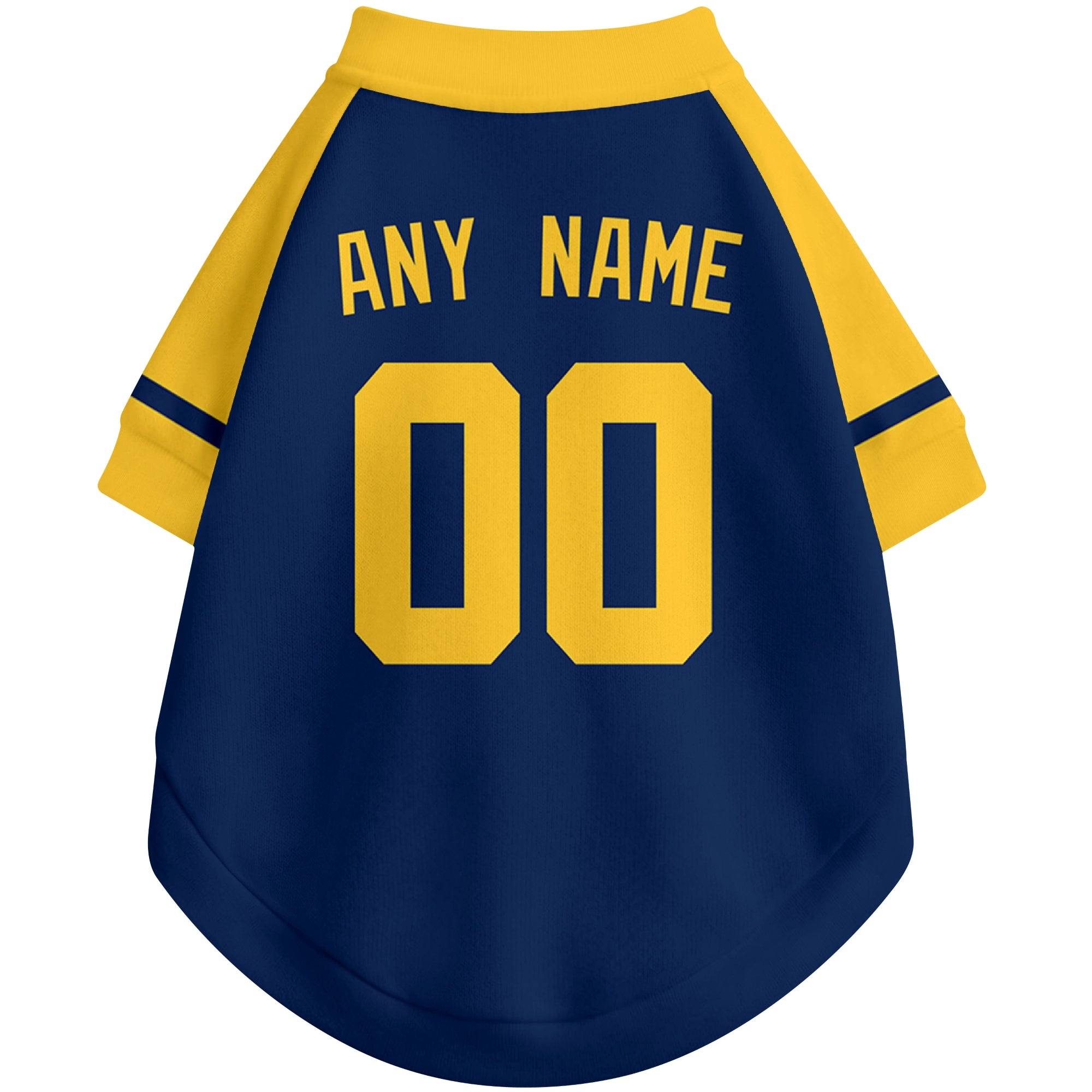 Back view of custom baseball-style dog jersey in Navy and White colors with personalized name and number