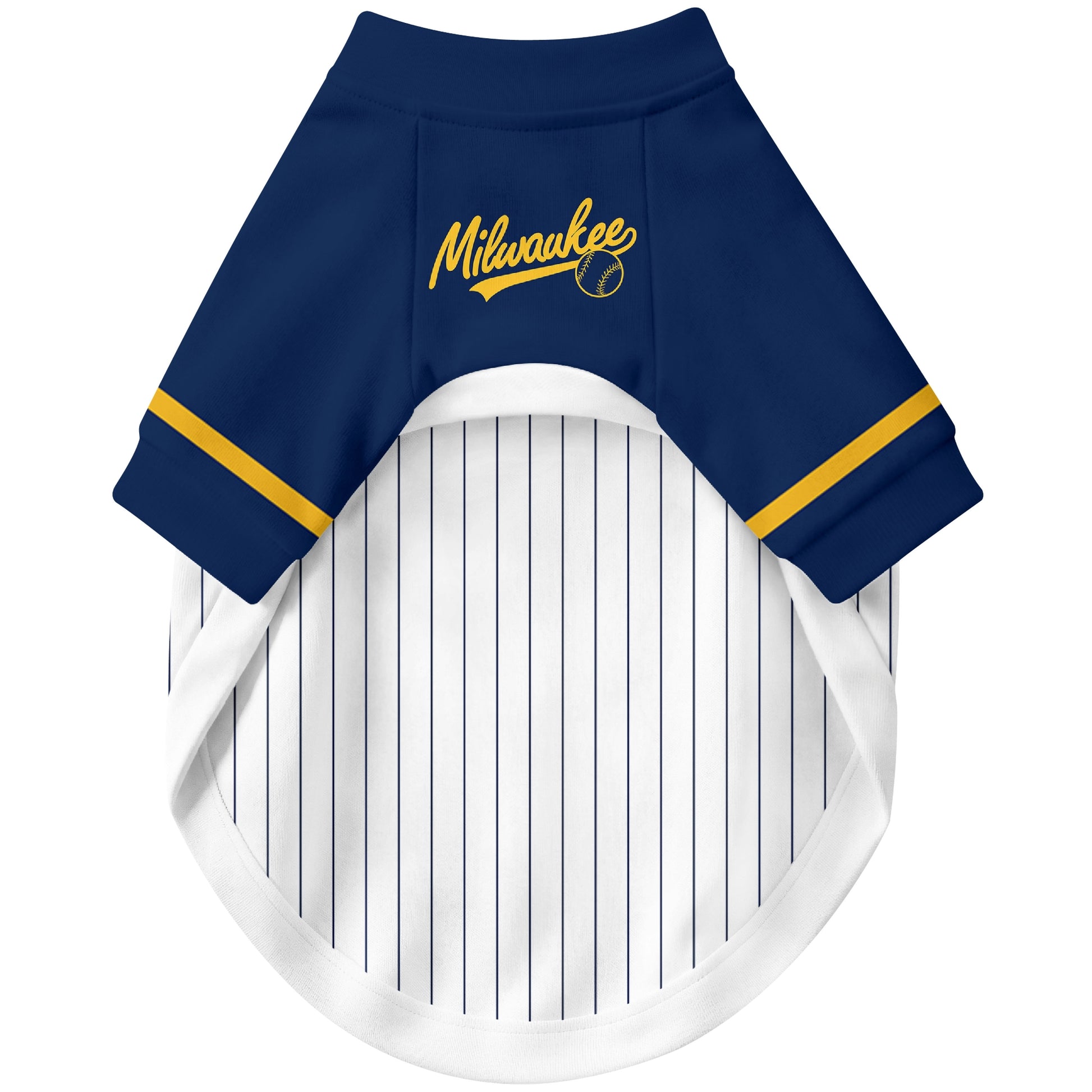 Front view of custom baseball-style dog jersey in White and Navy colors