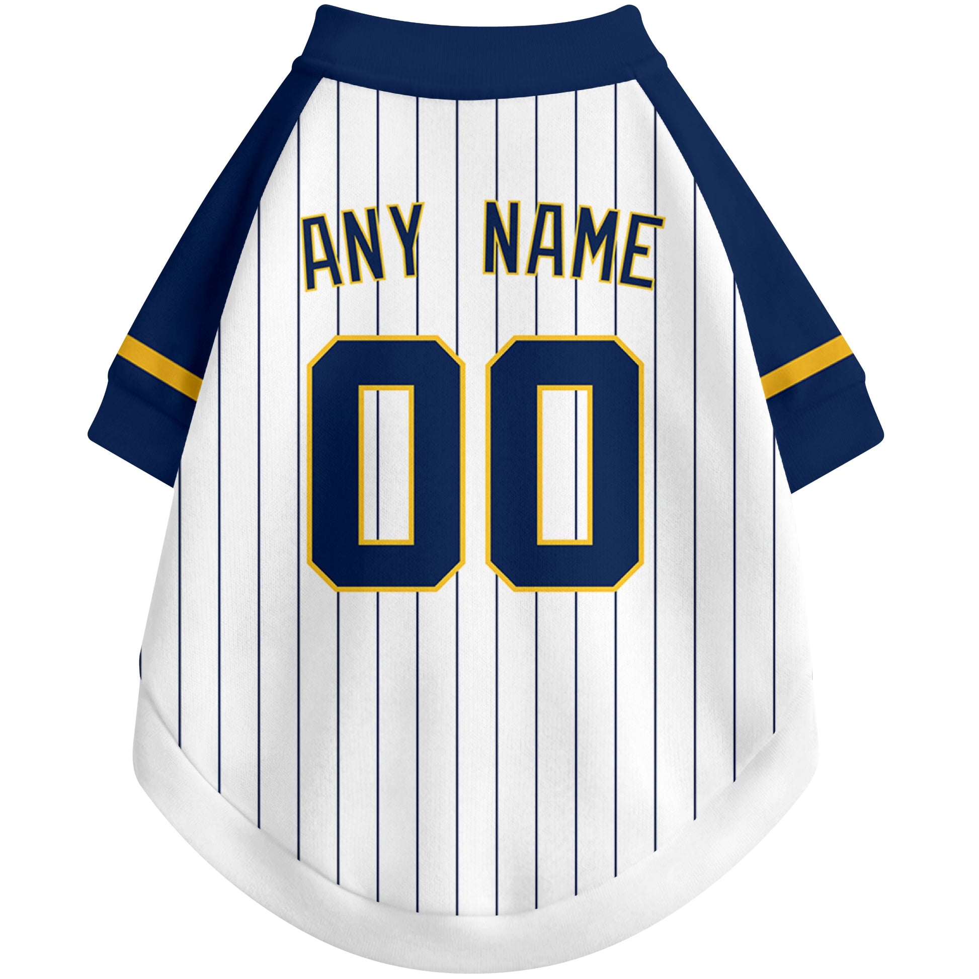 Back view of custom baseball-style dog jersey in White and Navy colors with personalized name and number