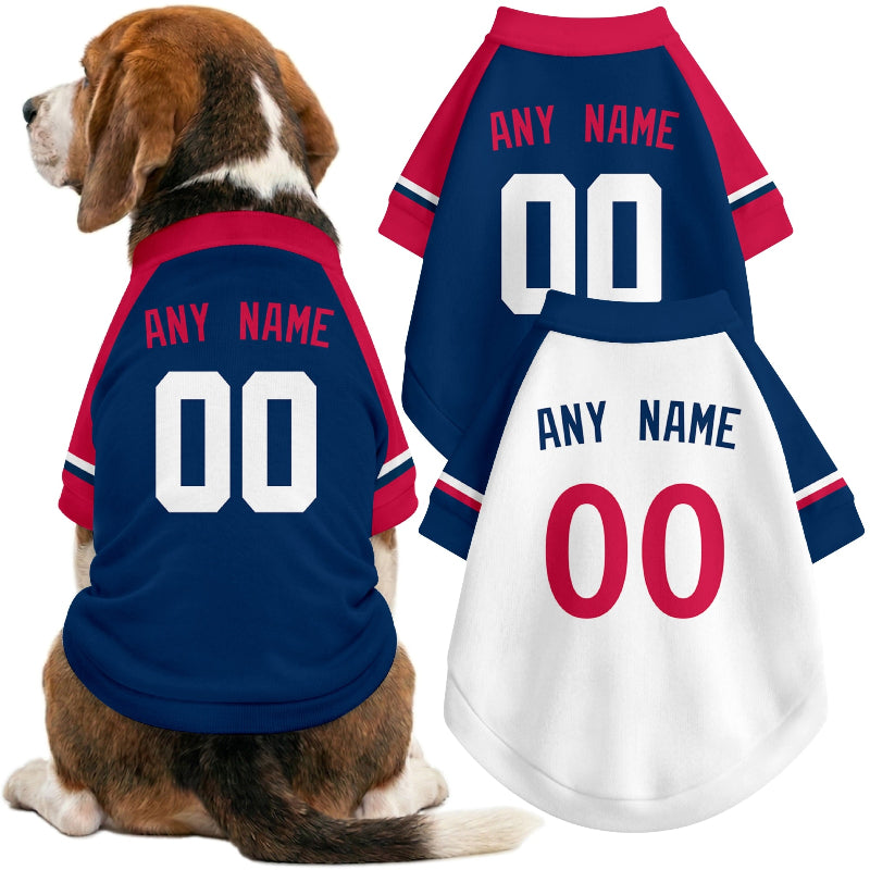 Dog wearing custom baseball-style jersey in Navy and White colors with personalized name and number