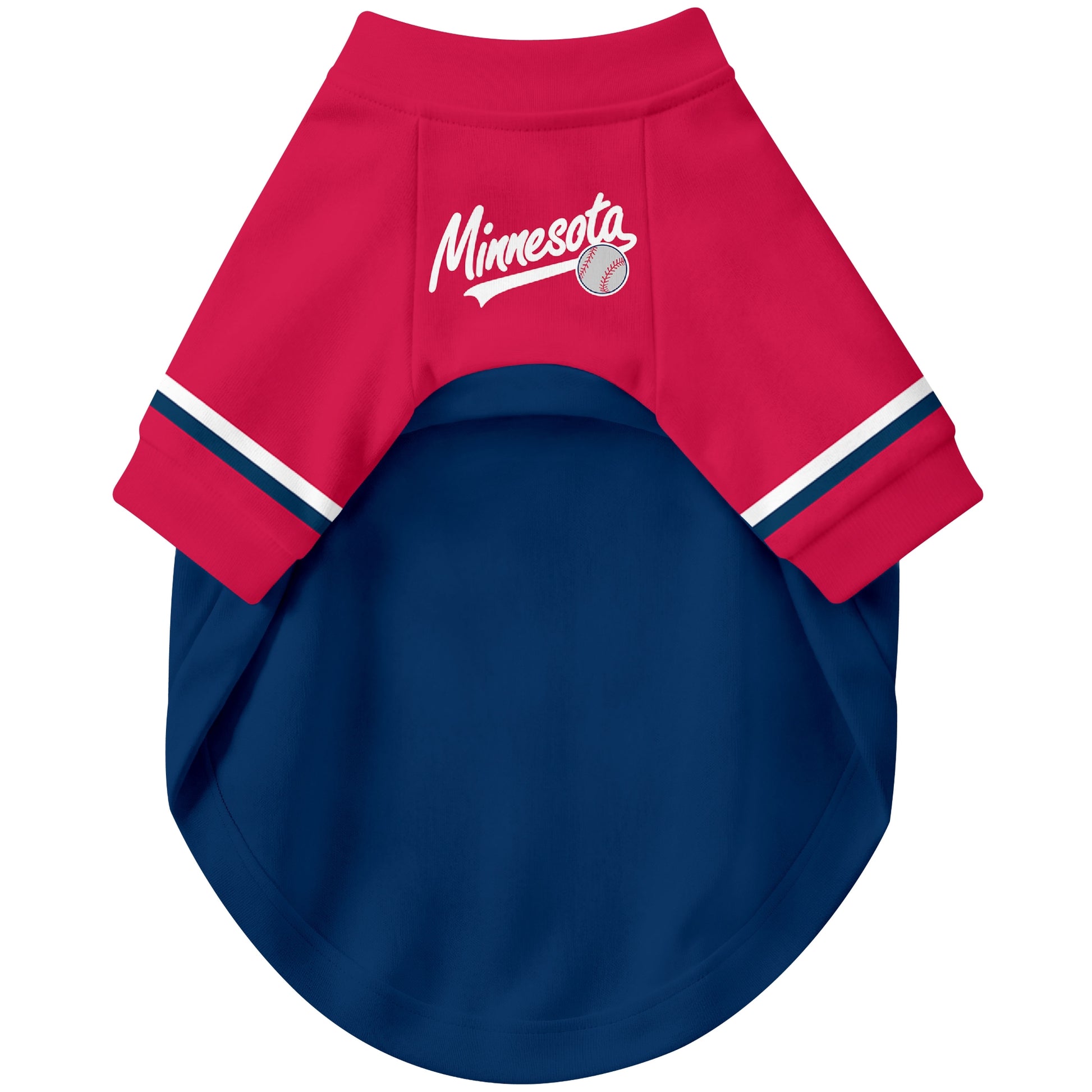 Front view of custom baseball-style dog jersey in Navy and White colors