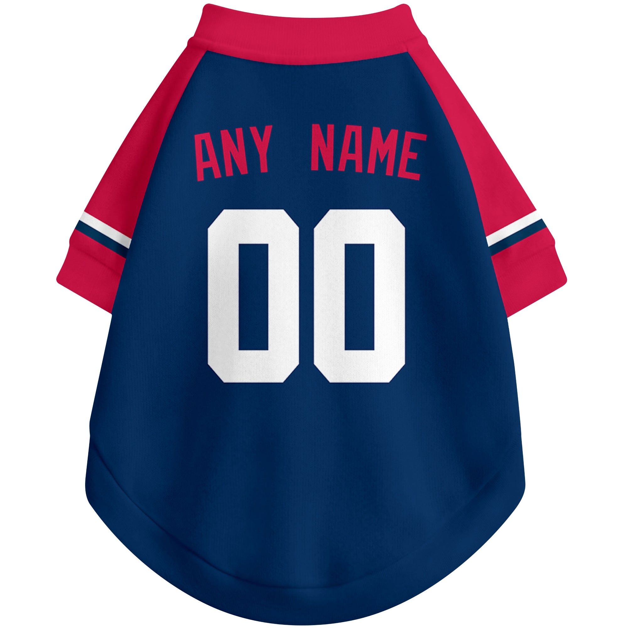 Back view of custom baseball-style dog jersey in Navy and White colors with personalized name and number
