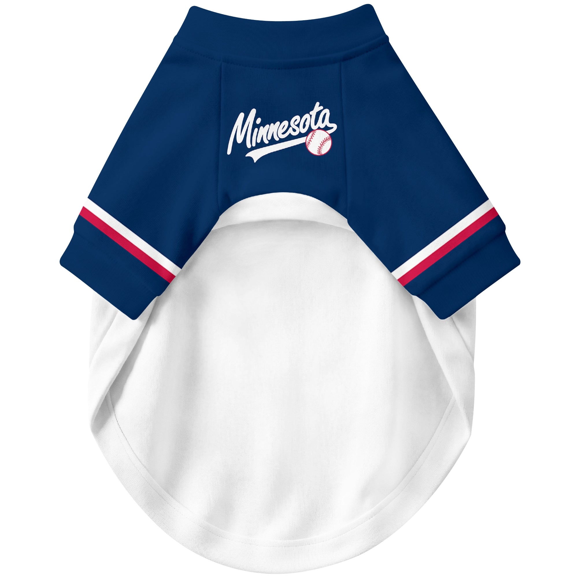 Front view of custom baseball-style dog jersey in White and Navy colors