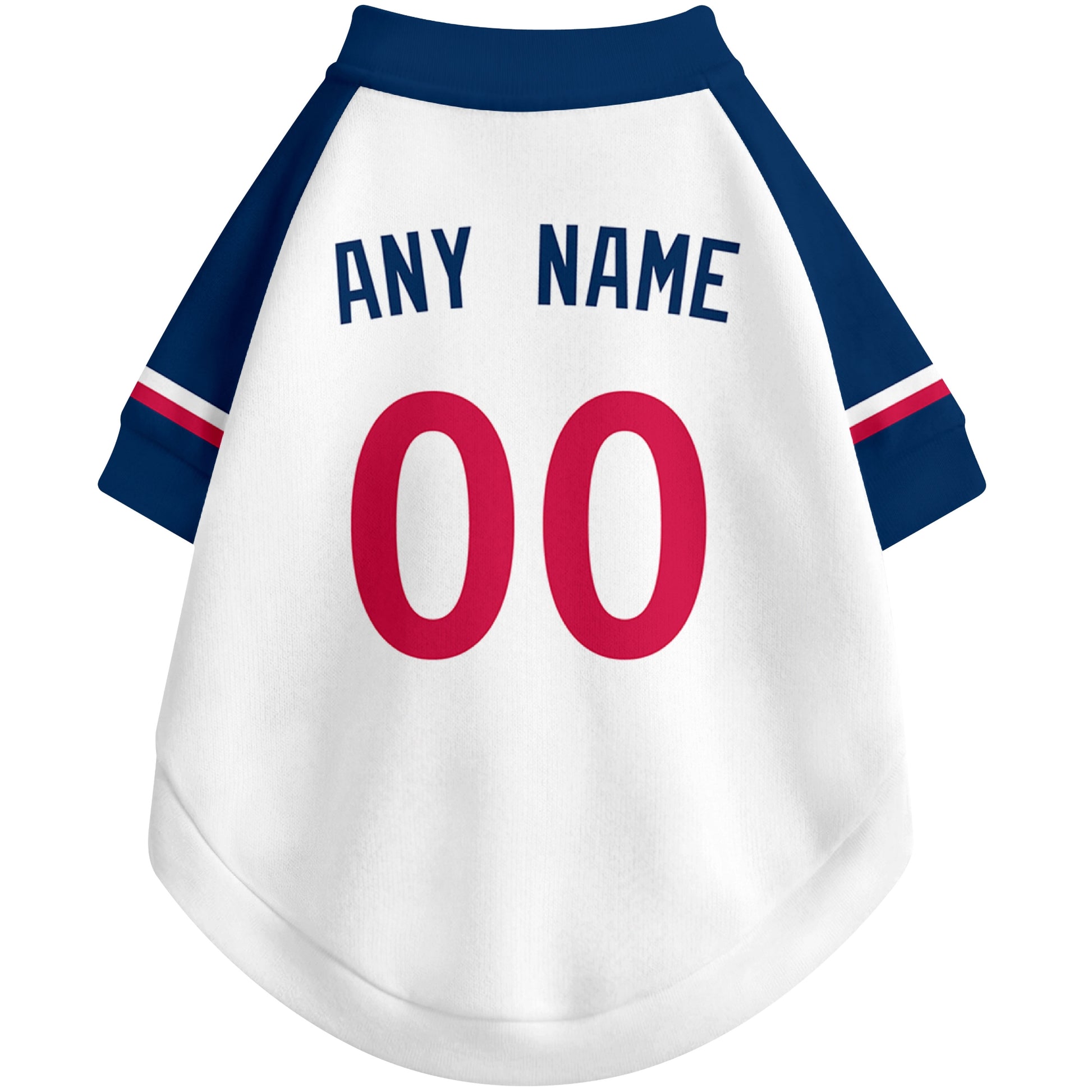 Back view of custom baseball-style dog jersey in White and Navy colors with personalized name and number