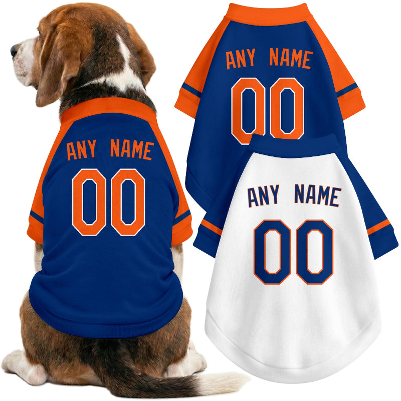 Dog wearing custom baseball-style jersey in Royal and White colors with personalized name and number