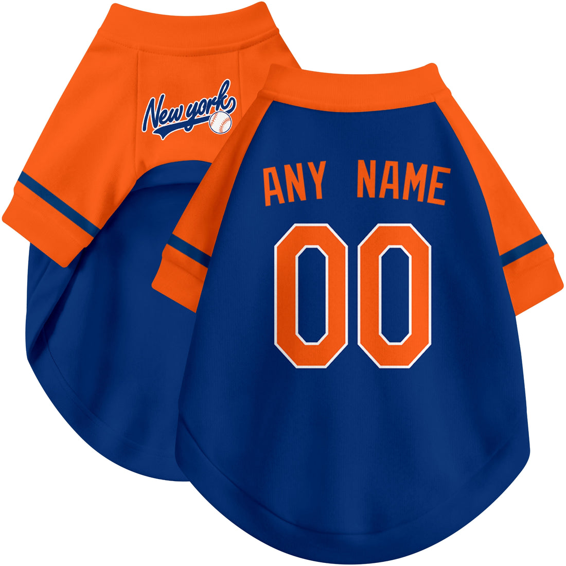 Dog wearing custom baseball-style jersey in Royal and White colors with personalized name and number