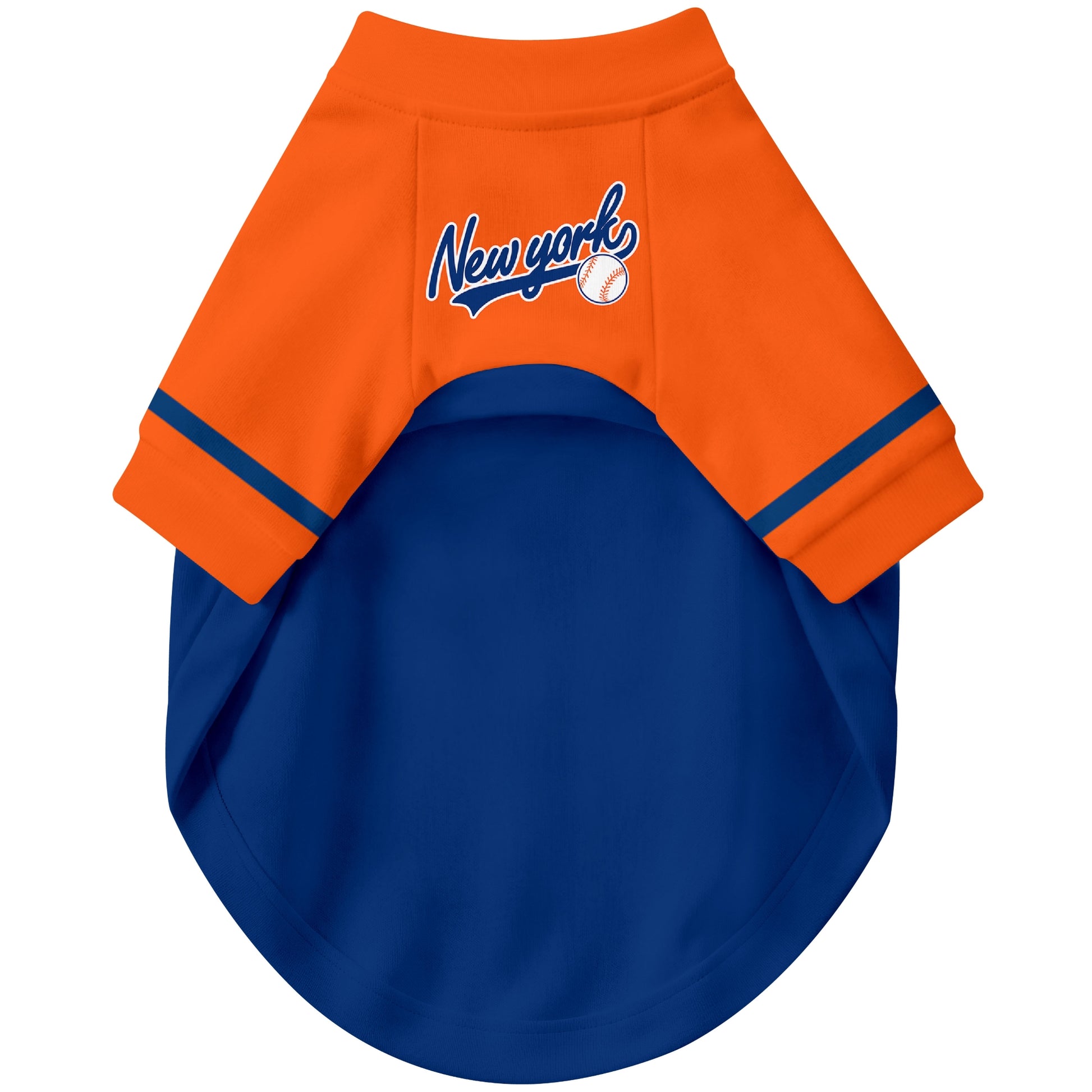Front view of custom baseball-style dog jersey in Royal and White colors