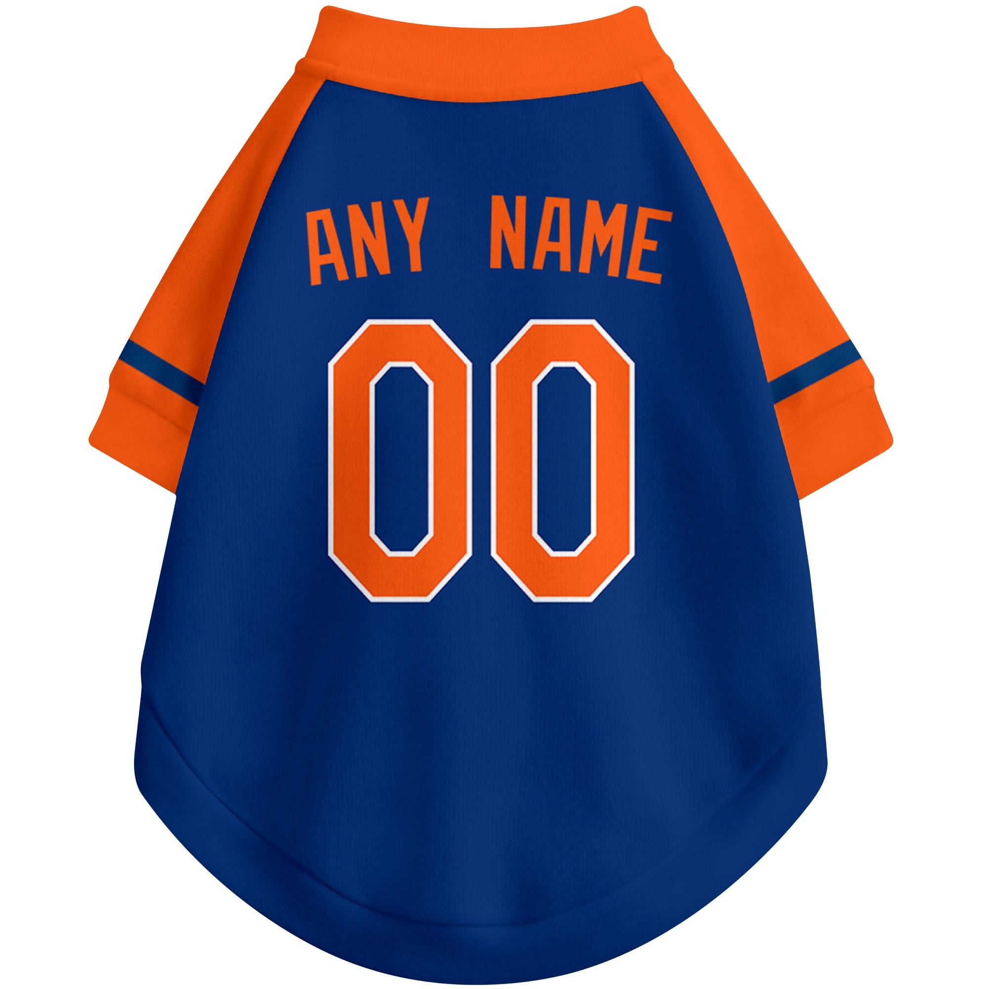Back view of custom baseball-style dog jersey in Royal and White colors with personalized name and number
