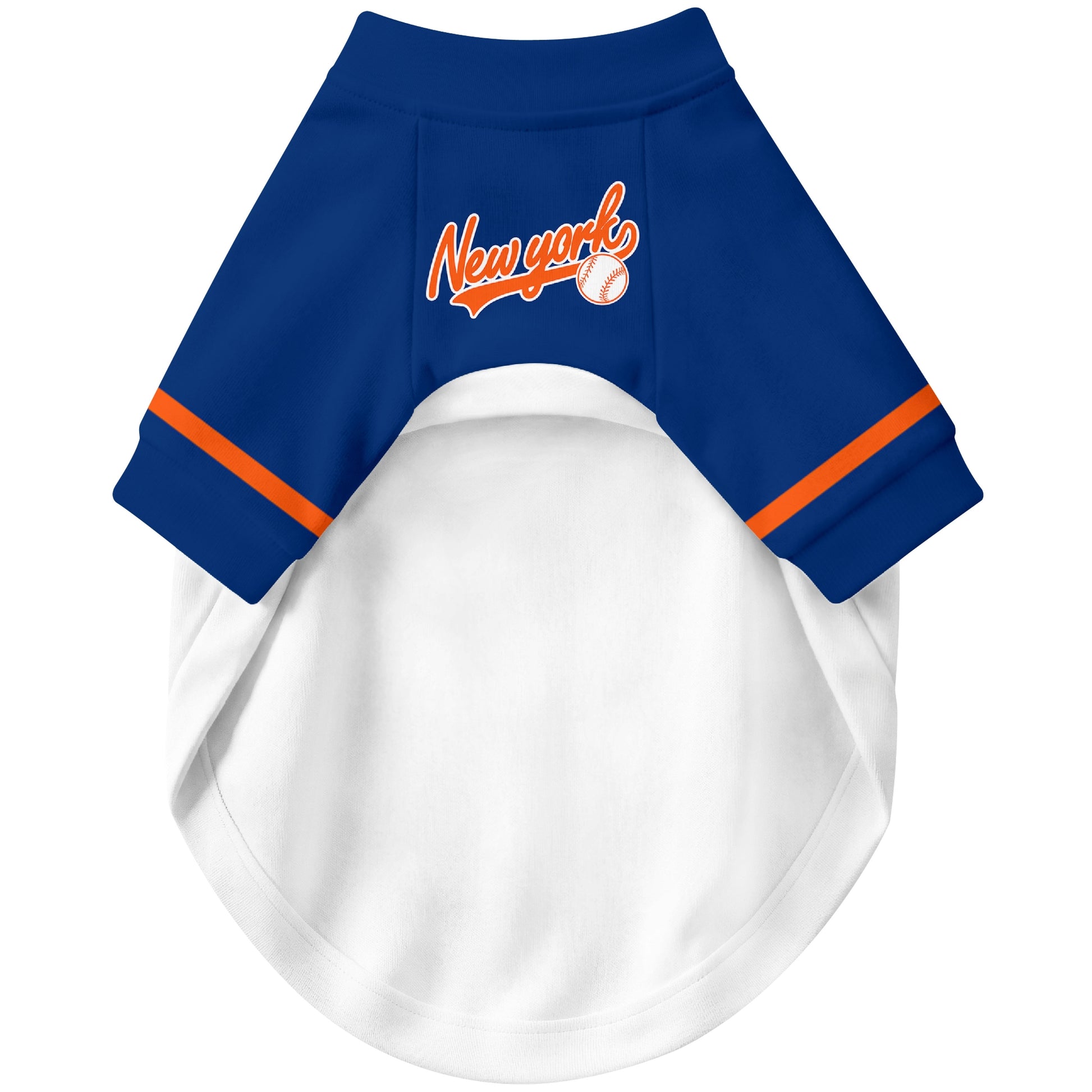 Front view of custom baseball-style dog jersey in White and Royal colors