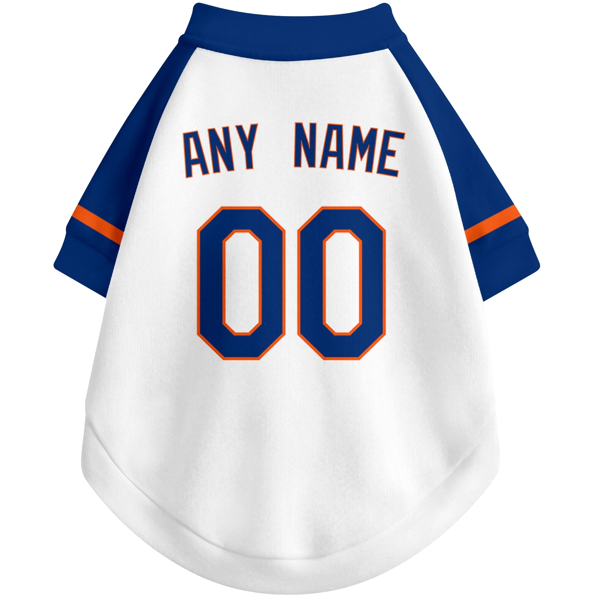 Back view of custom baseball-style dog jersey in White and Royal colors with personalized name and number