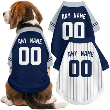 Dog wearing custom baseball-style jersey in Navy and White colors with personalized name and number