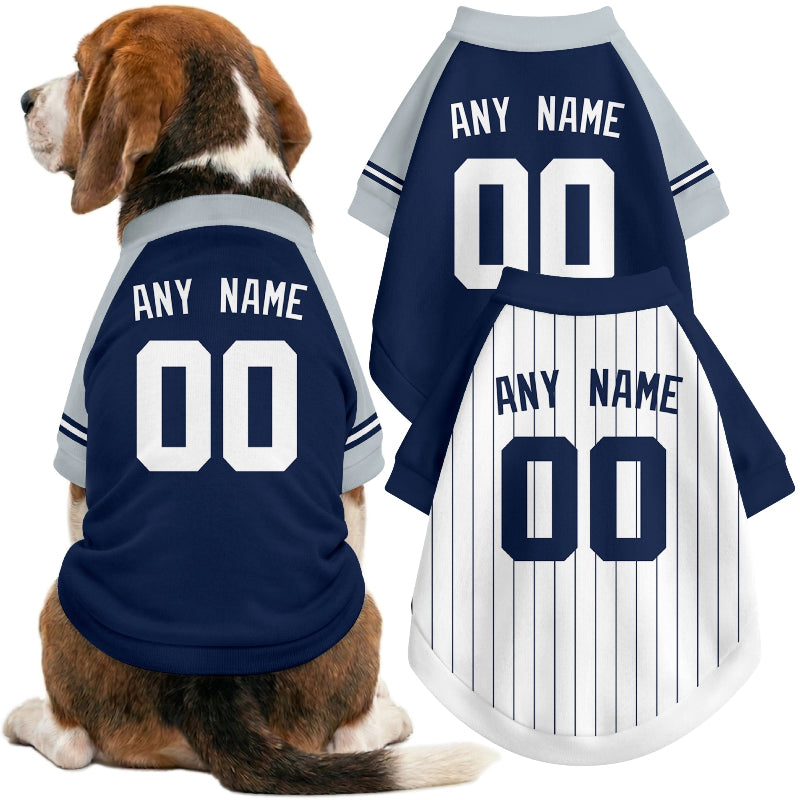 Dog wearing custom baseball-style jersey in Navy and White colors with personalized name and number