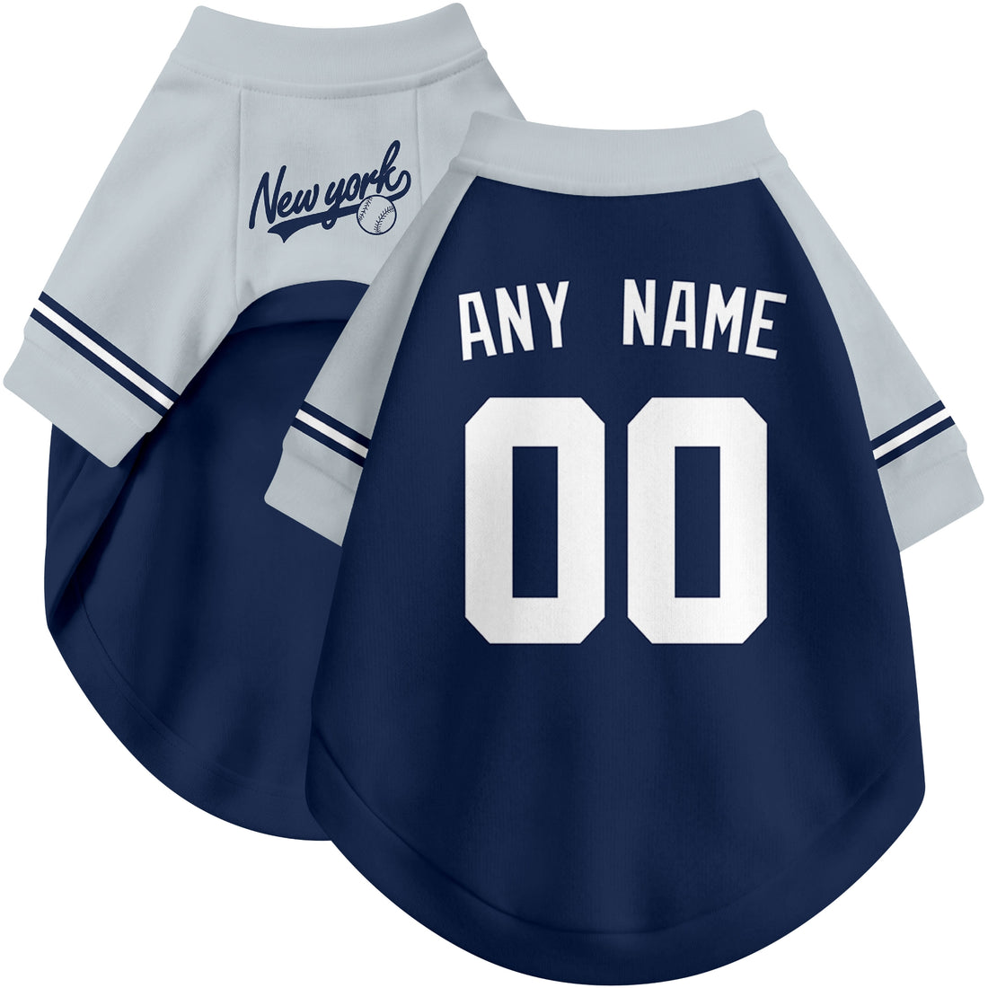Dog wearing custom baseball-style jersey in Navy and White colors with personalized name and number
