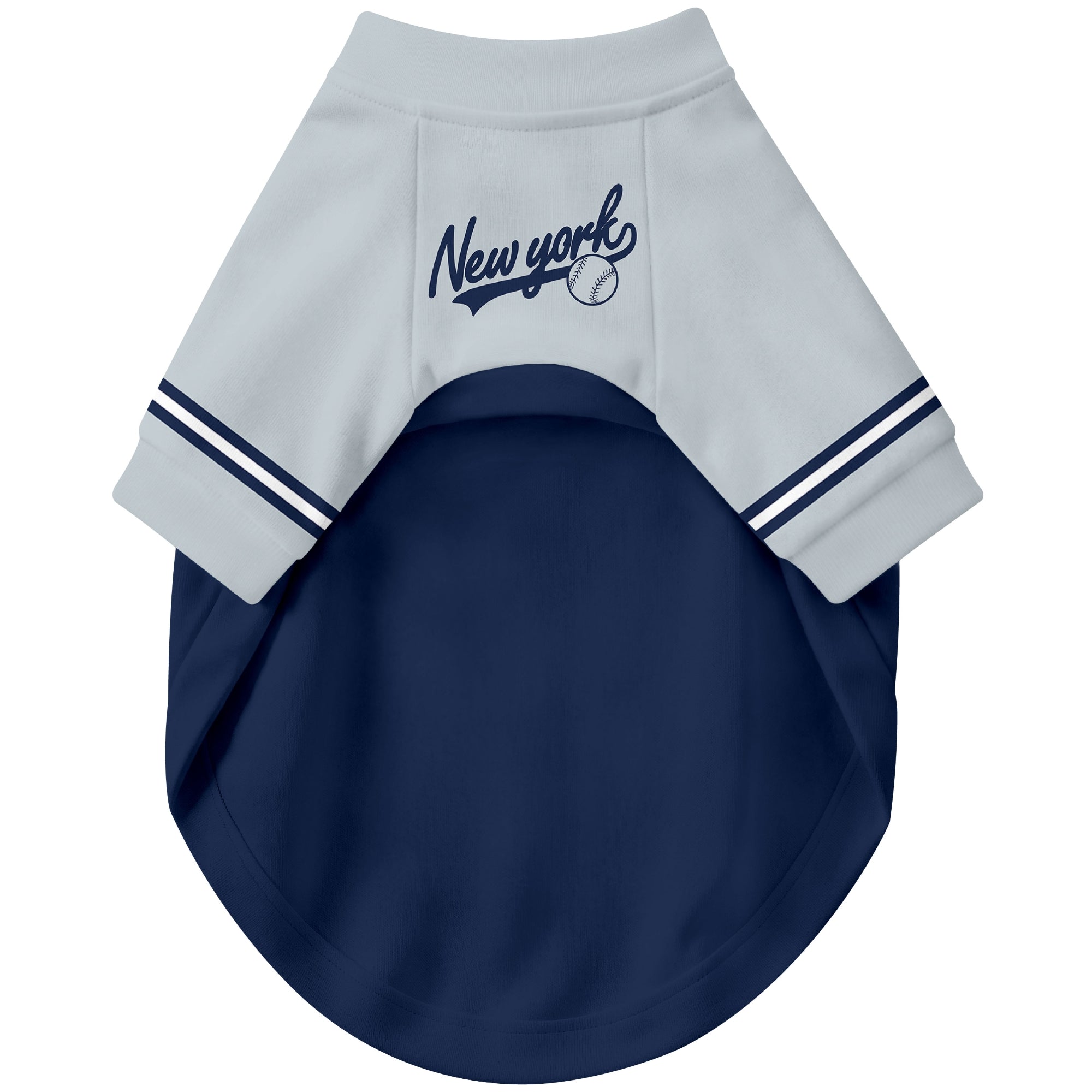 Front view of custom baseball-style dog jersey in Navy and White colors