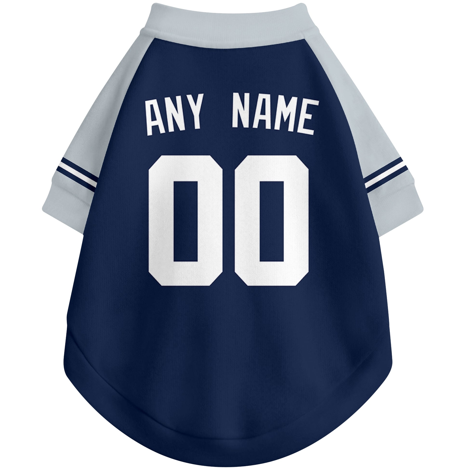 Back view of custom baseball-style dog jersey in Navy and White colors with personalized name and number