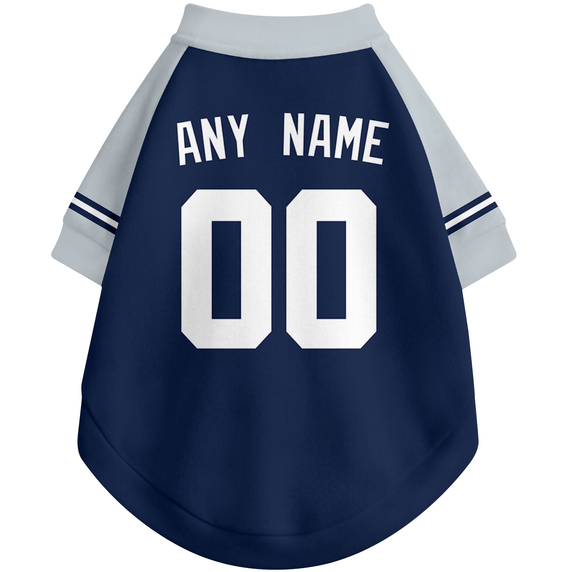 Back view of custom baseball-style dog jersey in Navy and White colors with personalized name and number