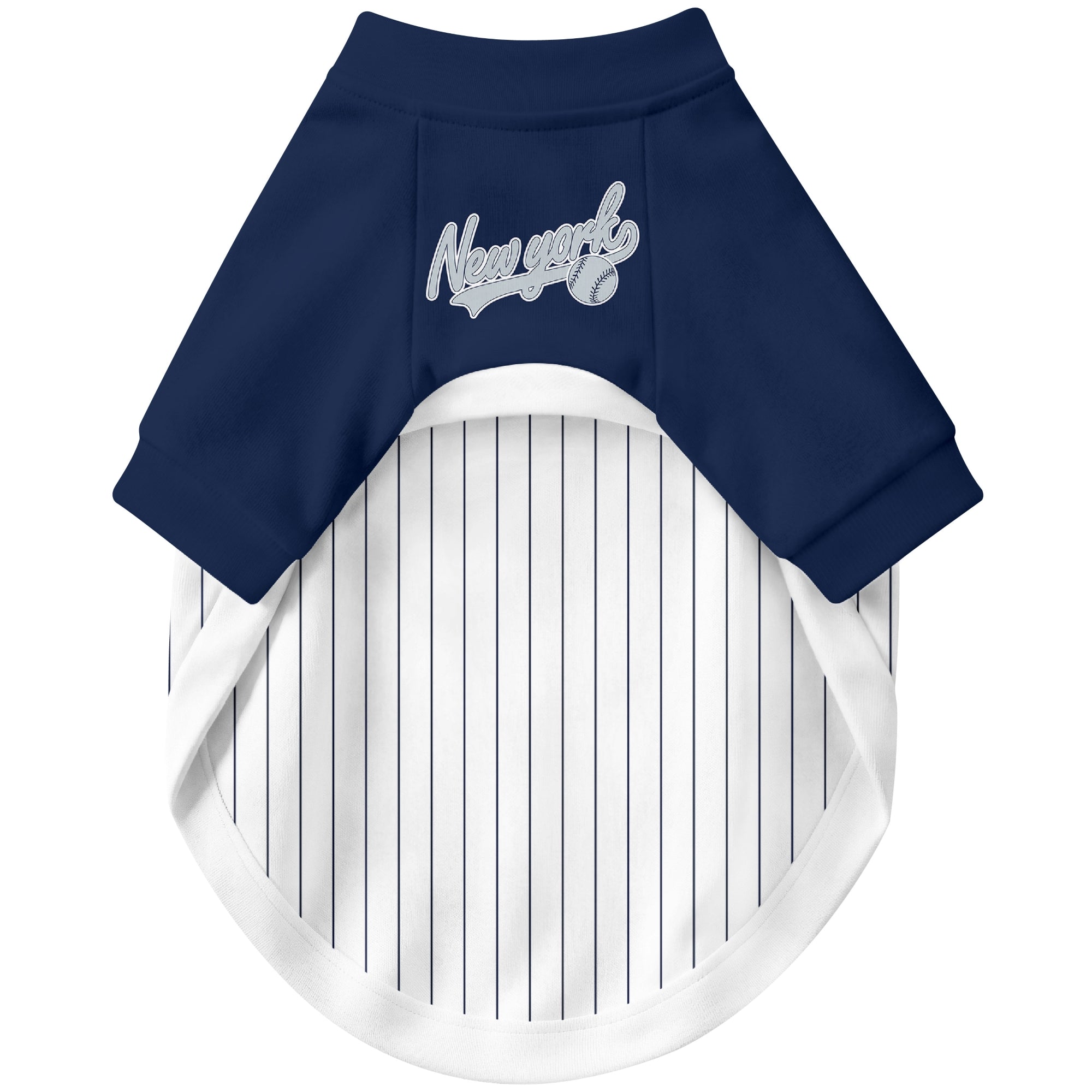 Front view of custom baseball-style dog jersey in White and Navy colors