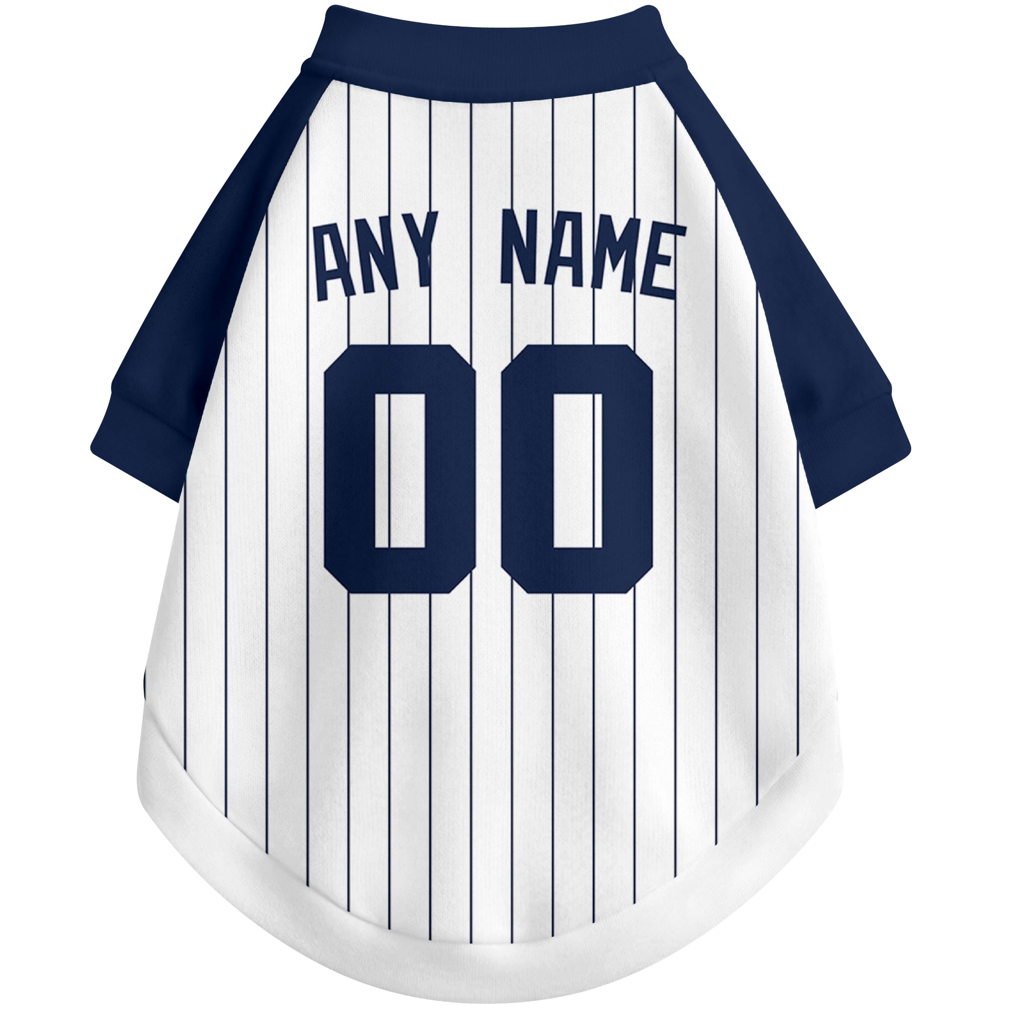 Back view of custom baseball-style dog jersey in White and Navy colors with personalized name and number