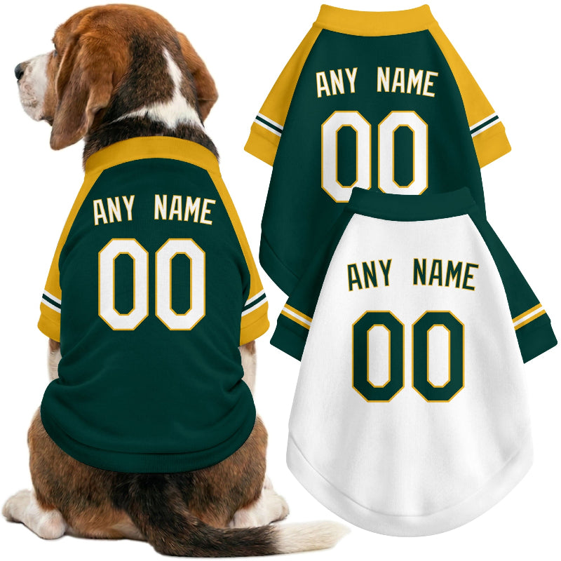 Dog wearing custom baseball-style jersey in Green and White colors with personalized name and number