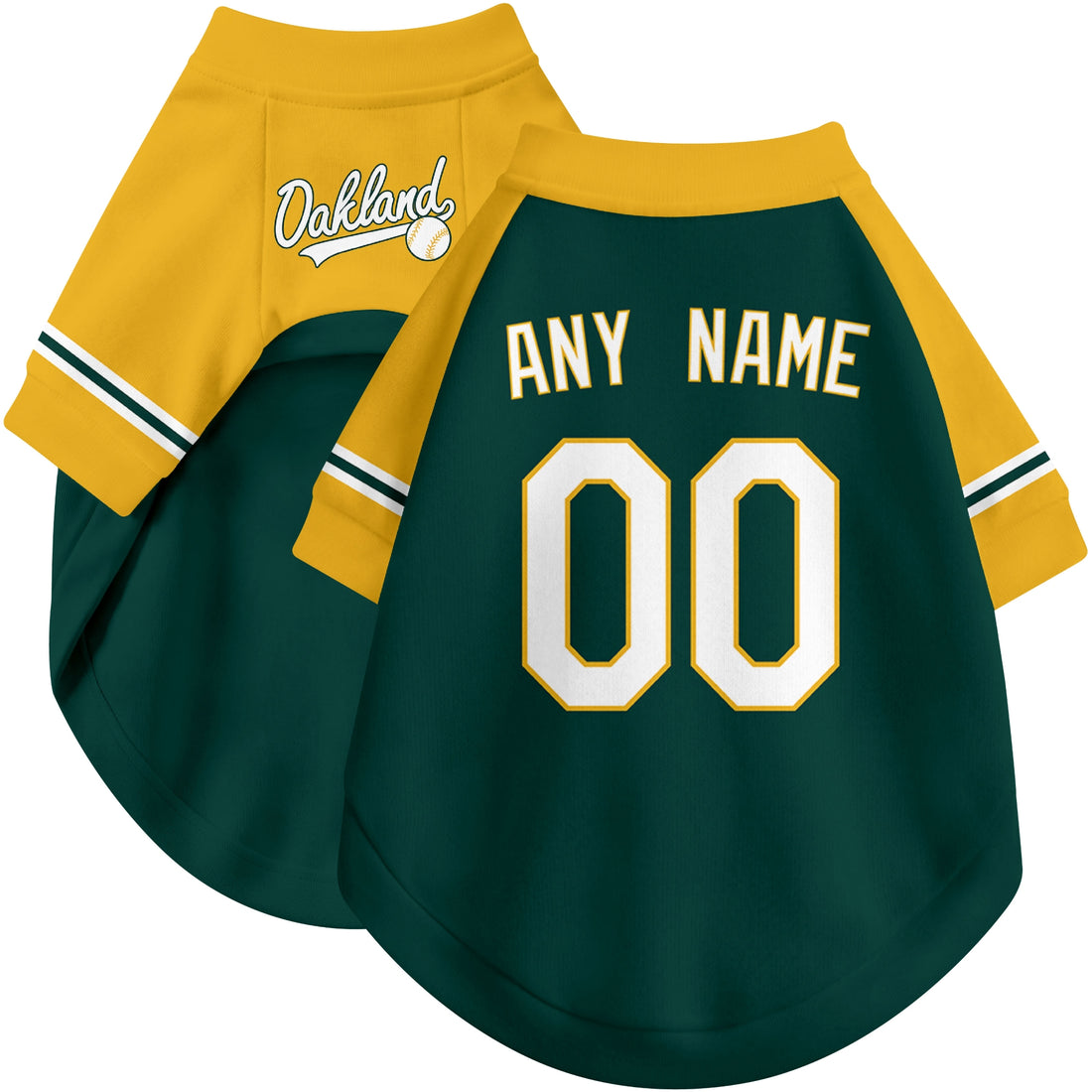 Dog wearing custom baseball-style jersey in Green and White colors with personalized name and number