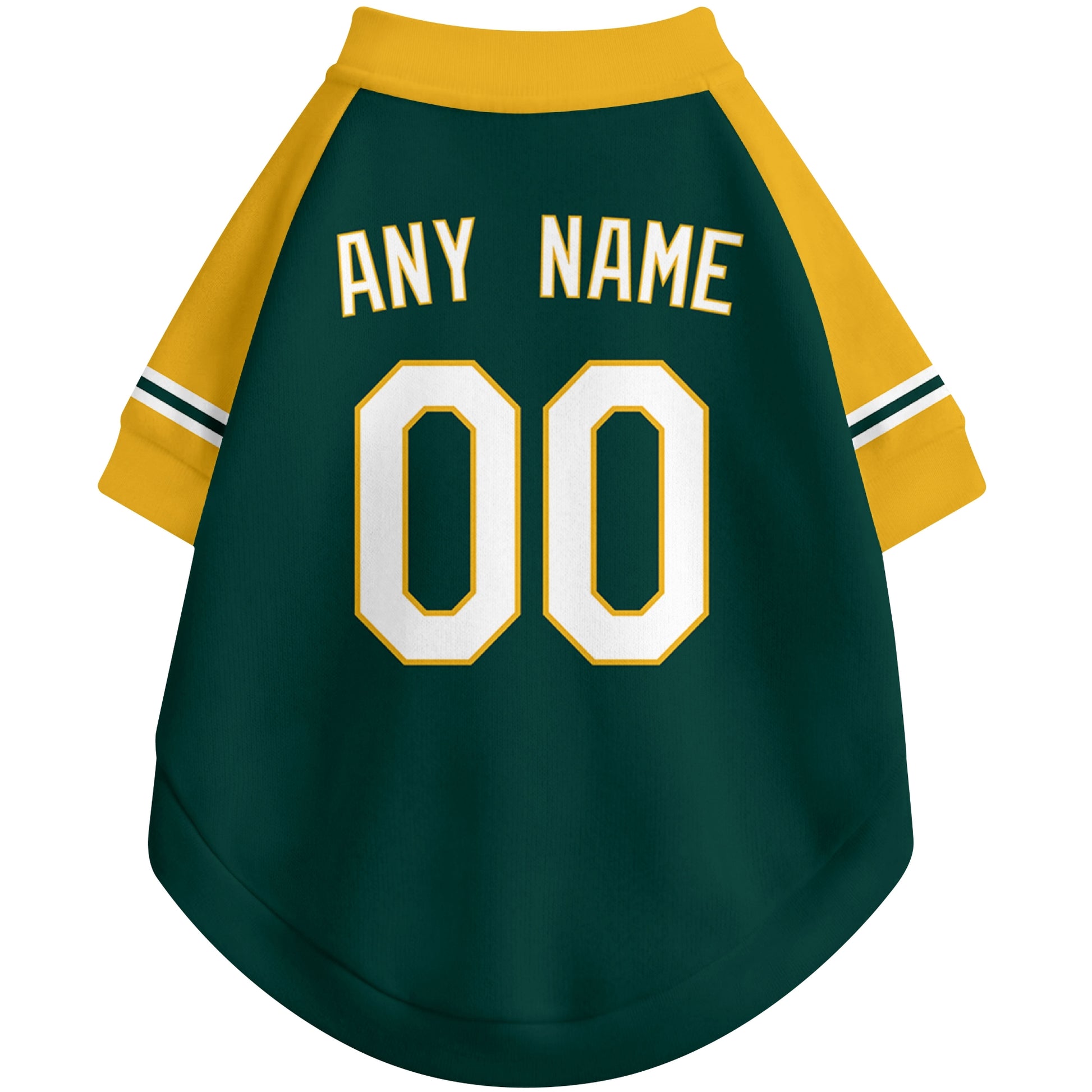 Back view of custom baseball-style dog jersey in Green and White colors with personalized name and number