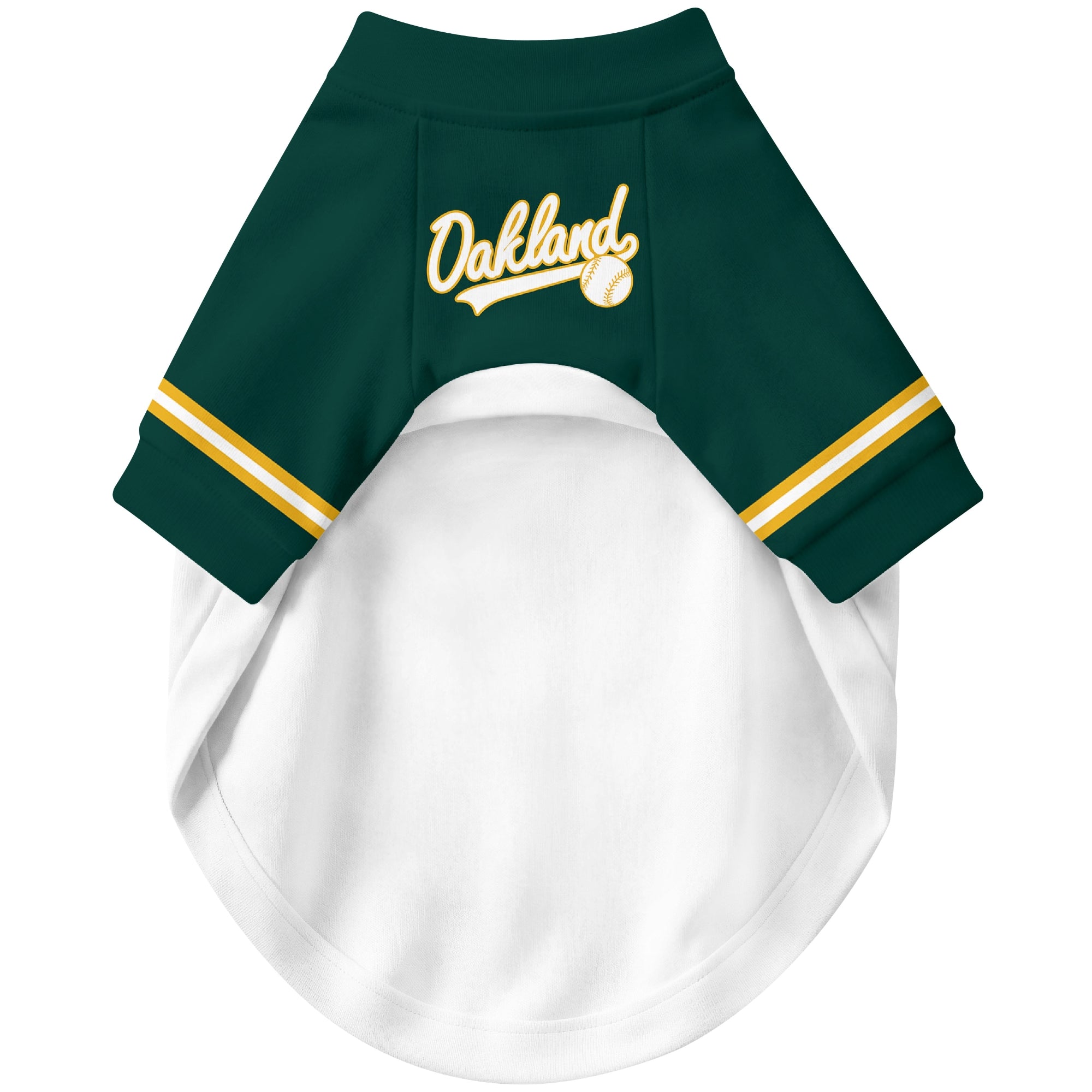 Front view of custom baseball-style dog jersey in White and Green colors