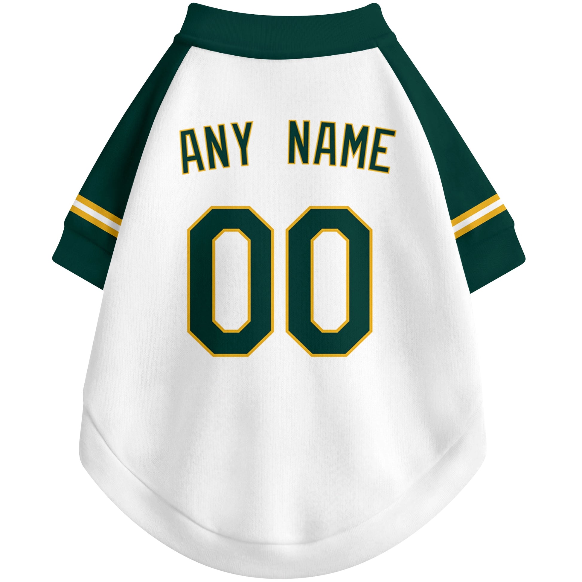 Back view of custom baseball-style dog jersey in White and Green colors with personalized name and number